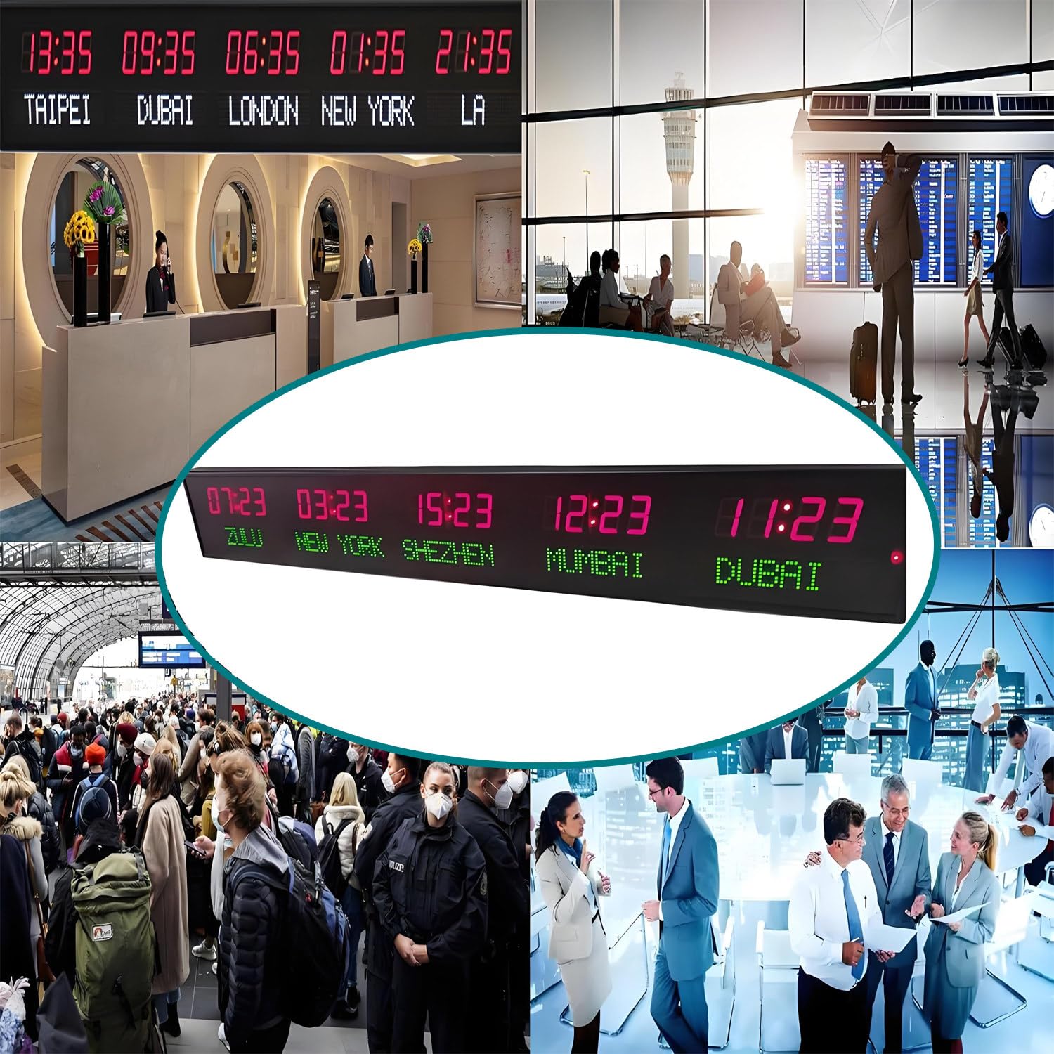 World Clock - Reloj electrónico montado en la pared para interiores, brillo ajustable, múltiples zonas horarias para oficinas, hoteles y empresas