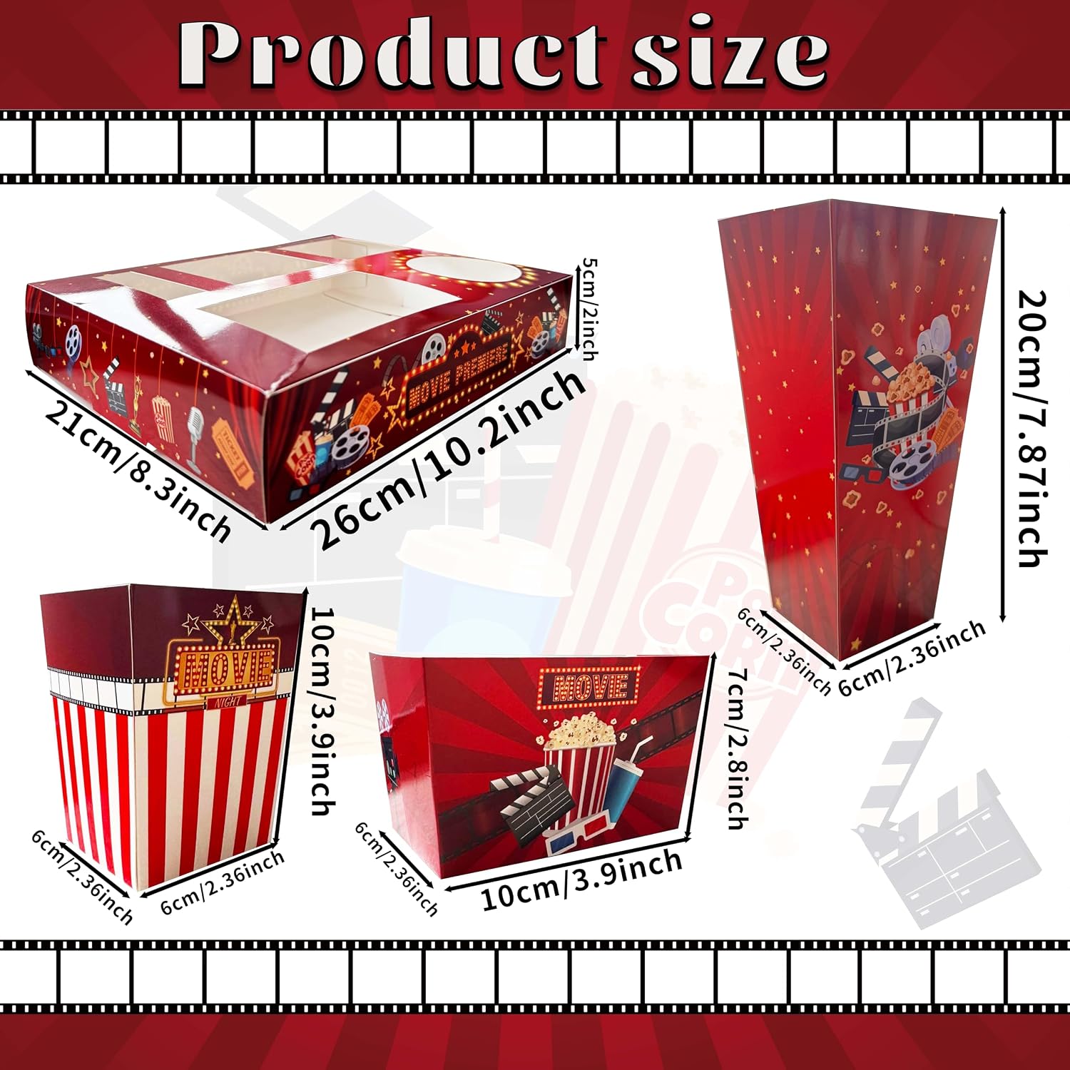 80Pcs Movie Night Snack Trays & Popcorn Boxes Set (20 Sets), Include Salad & Nacho Bowls, Disposable Paper for Party, Home Theater, 20 Guests