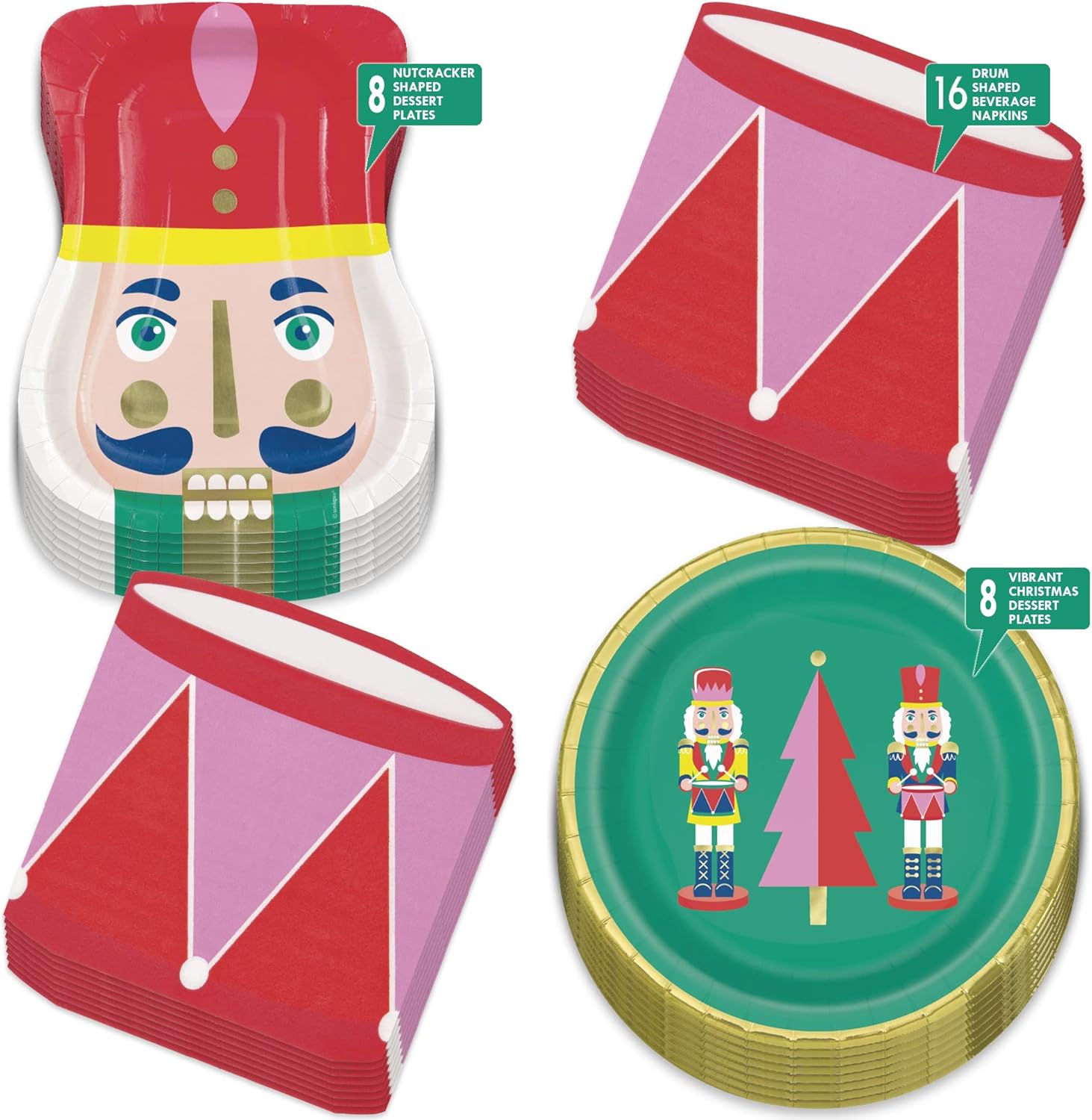 HOME & HOOPLA Nutcracker Christmas Party Shaped Paper Plates, Gold Rim Vibrant Tree Round Paper Dessert Plates, and Drum Beverage Napkins (Serves 16)