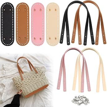 Pack of 12 Bag Base Bag Handle Set PU Bag Handles Bag Base Shoulder Straps Set with Rivet 30 x 10 cm for Crochet Bag Knitted Bag Shoulder Bag DIY Bags