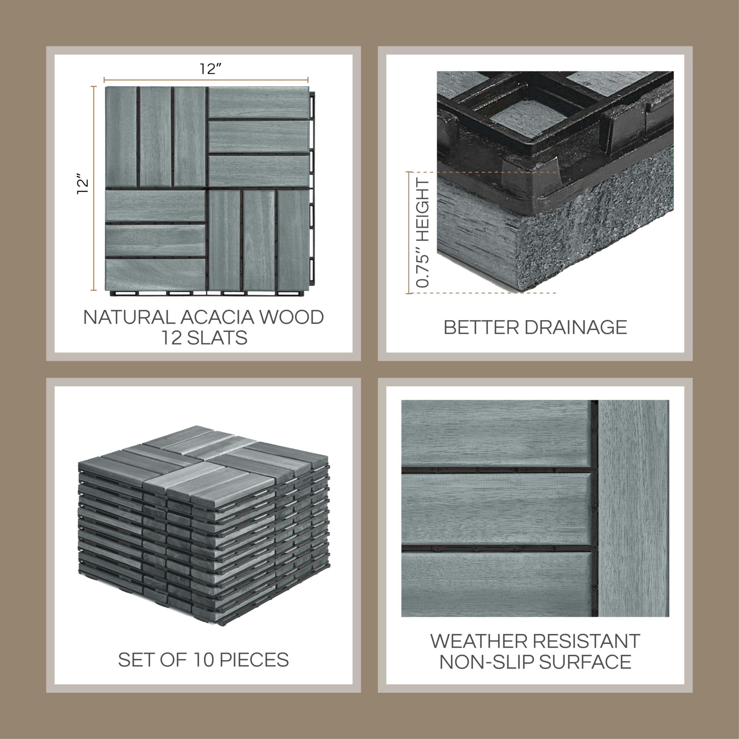 Lot de 10 dalles de terrasse emboîtables en acacia, 30,5 x 30,5 cm, résistantes à l'eau pour intérieur et extérieur, couleur grise, joint carré, motif à rayures (12 lattes)