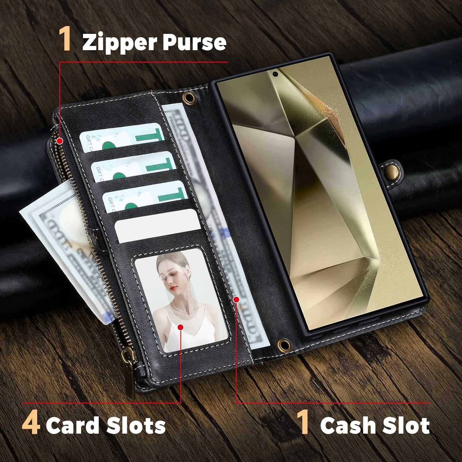 Compatible with Samsung Galaxy S25 Ultra Wallet Case,RFID Blocking PU Leather Phone Case Women Men Kickstand flip Cover Wrist Strap Zipper Credit Card Holder Slots for Galaxy S25 Ultra(Black)