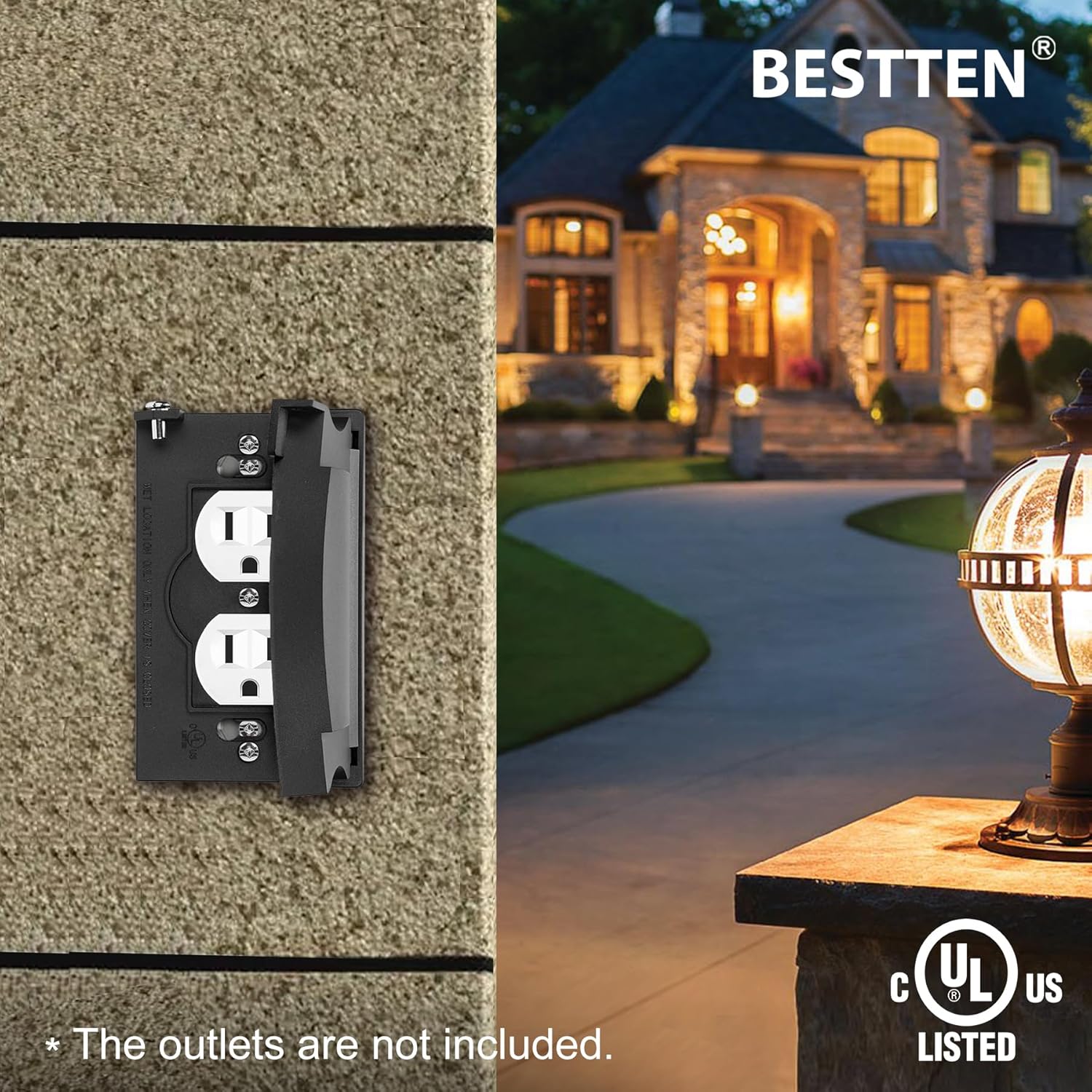 BESTTEN 3 Pack Horizontal Outdoor Outlet Cover for Duplex Receptacles, Weatherproof Design Auto-Closing Lid, Black, UL Listed, H4.65” x W2.87” x D0.71”