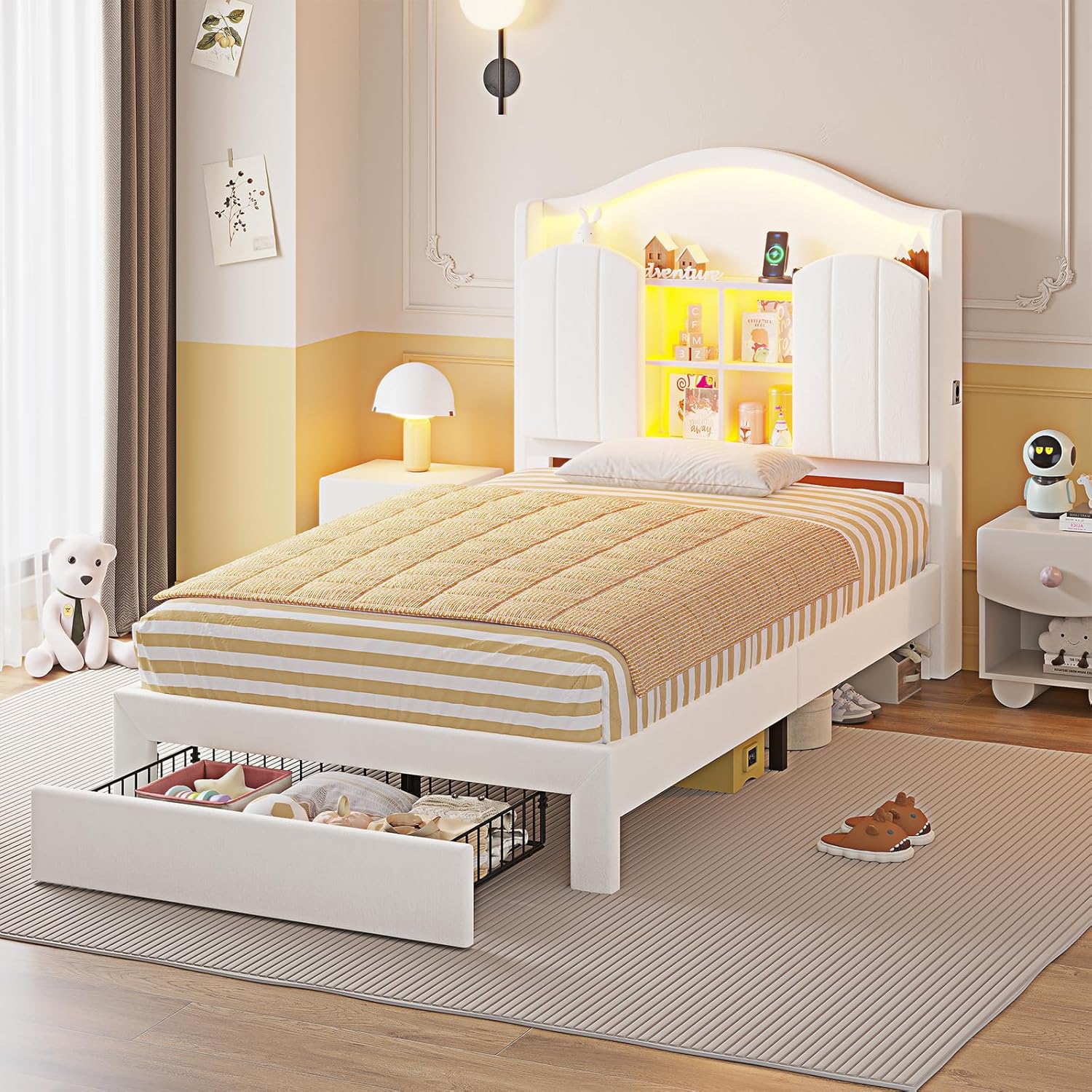 Twin Bed Frame with Drawer & LED Lights, Princess Velvet Upholstered Platform Bed for Girls, Headboard with Charging Station & Hidden Storage, No Box Spring Needed,Creamy White
