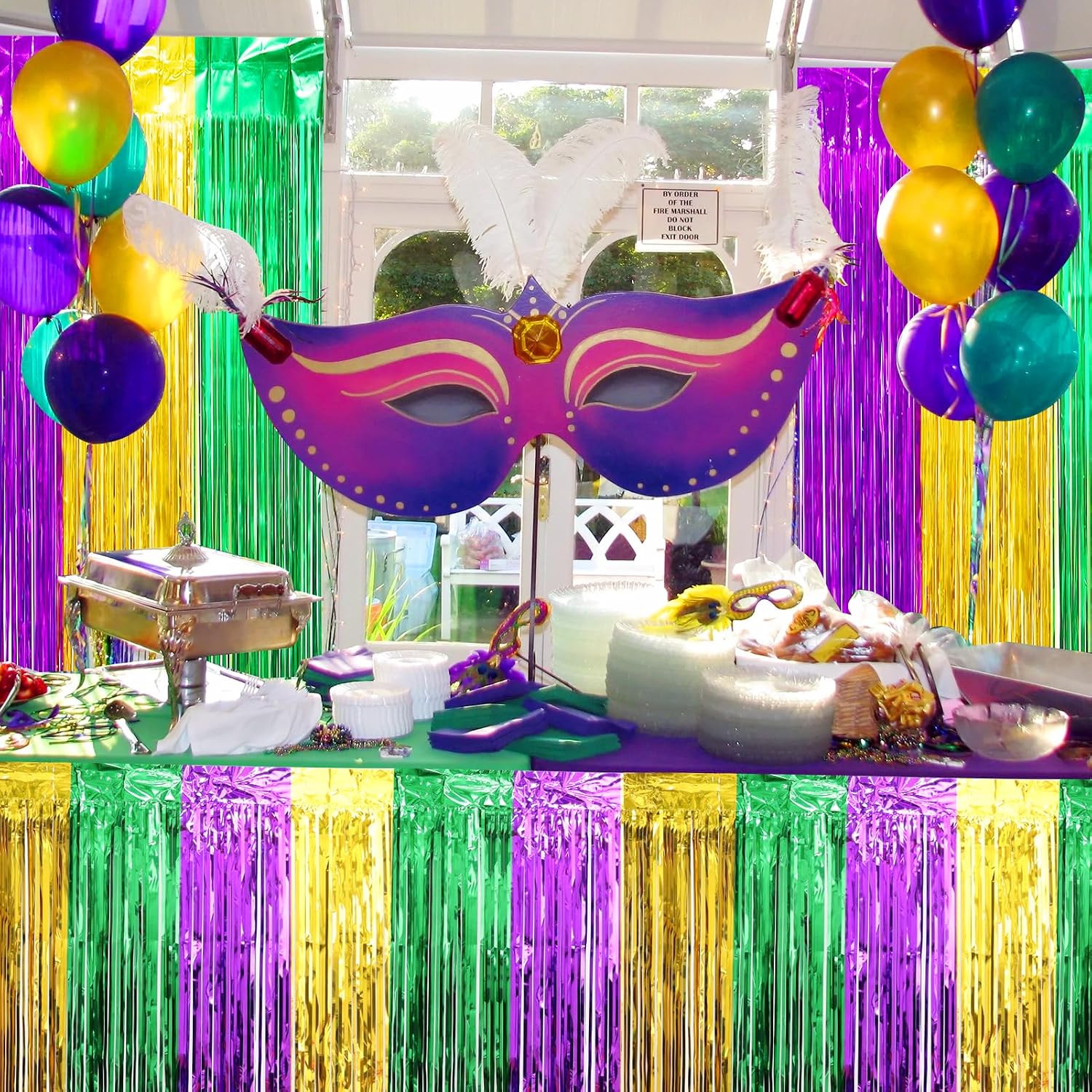 4 Packs Mardi Gras Table Skirts & 2 Pack Mardi Gras Tinsel Curtains,29x108 Inch Metallic Foil Fringe Table Skirts for Carnival Mardi Gras New Orleans Masquerade Party