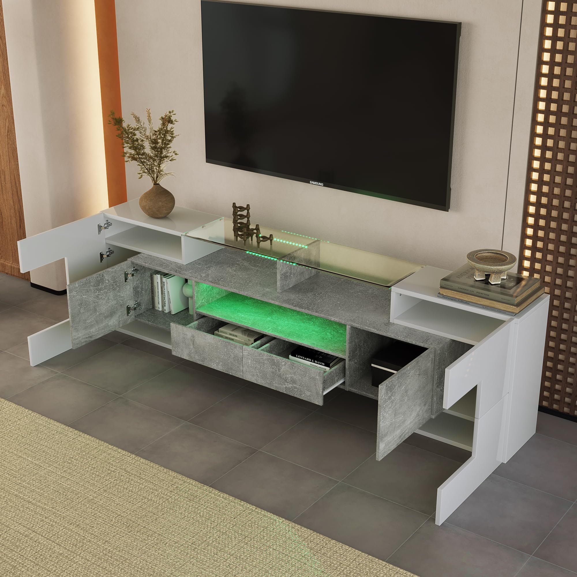 Mueble bajo para TV moderno, 200 cm de ancho, color blanco y gris, con iluminación LED RGB, 6 puertas y 2 cajones, armario multimedia para salón (gris + MDF + 60-69 pulgadas)