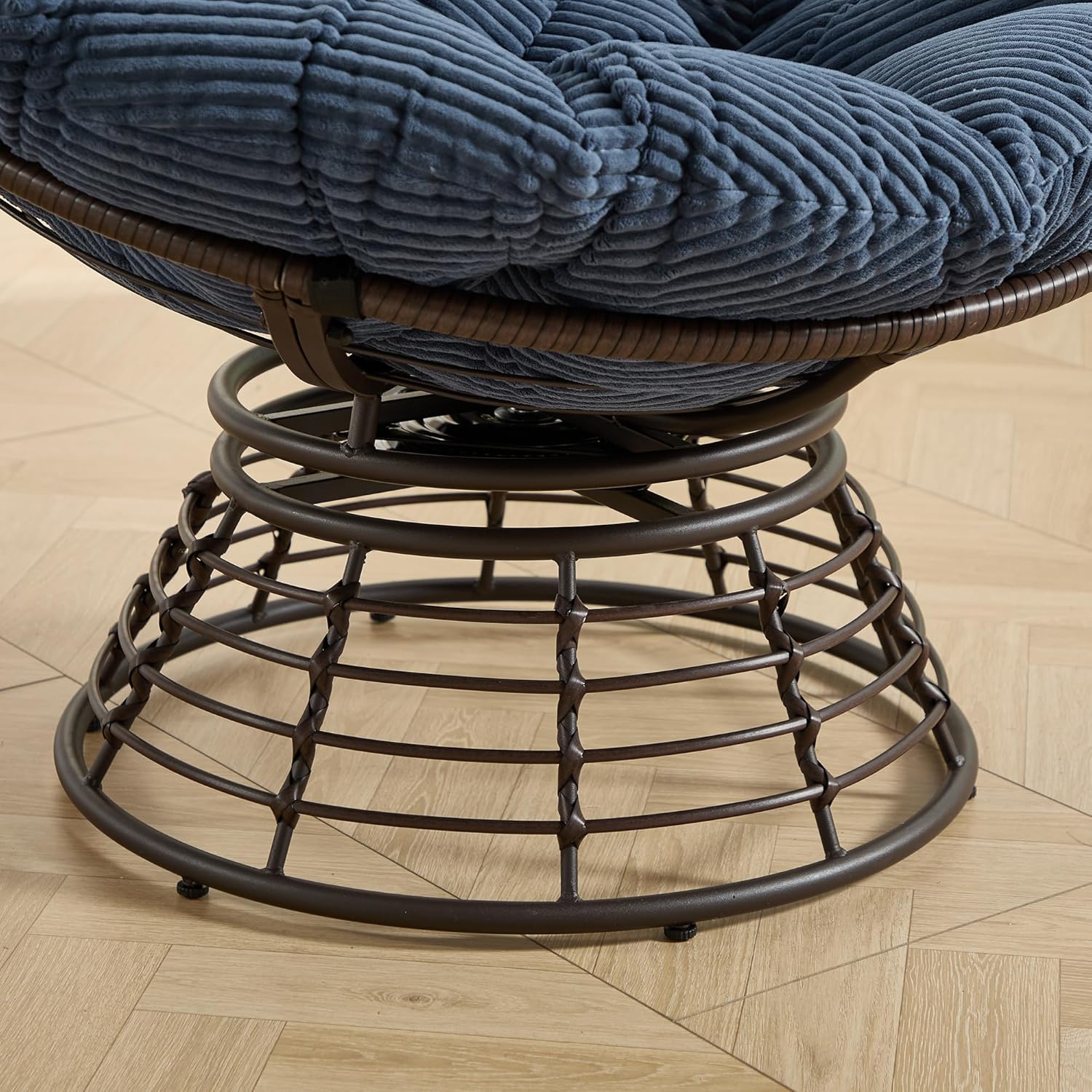 JULYFOX Papasan Chair Indoor Outdoor, Papasan Swivel Chair with Button Tufted Cushion and Metal Frame Wicker Lounge Chair 300lbs Heavy Duty for Living Room Balcony Yard (Blue, 37 inch)