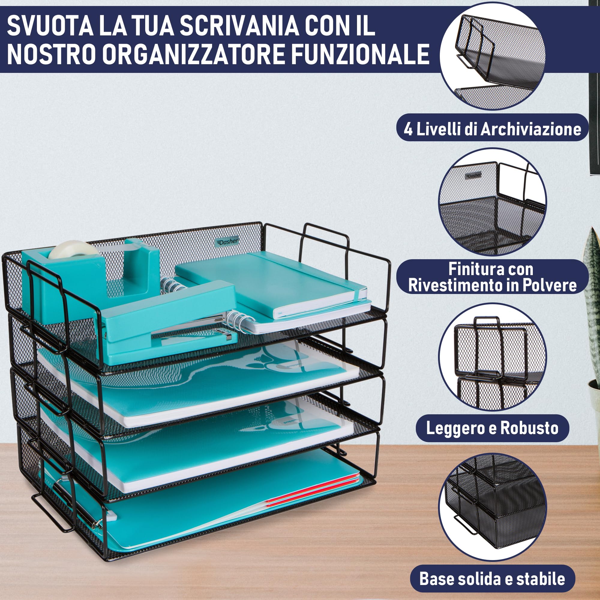 Dasher Products Organizer da scrivania impilabile a 4 ripiani in rete metallica per organizzare documenti, cartelle, lettere, carta, raccoglitori