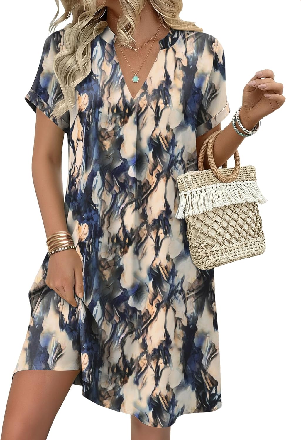 Zeagoo Summer Dresses for Women Short Sleeve Shift Dress V Neck Casual Mini Beach Vacation Boho Sundress with Pockets