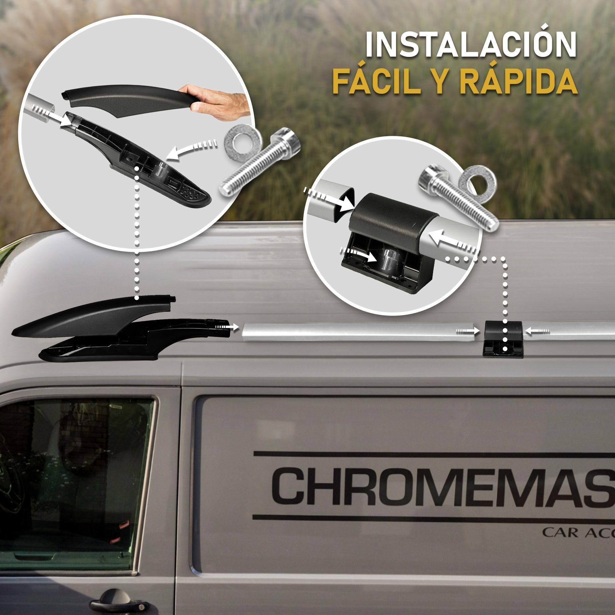 CHROMEMASTER | Barras Portaequipajes, Rieles de Techo Compatible con Ford Transit Custom L2 Largo 2023+; Se Utilizan para el Montaje de Portaequipajes de Techo, Cajas de Techo o Portabicicletas