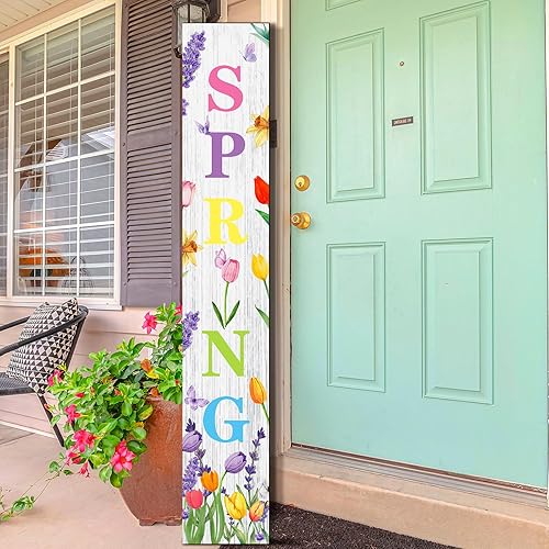 Miniatura 4 de Suzile Letrero de tulipán de primavera de 41.7 pulgadas para puerta delantera, decoración de tulipanes para porche delantero, letreros de porche de