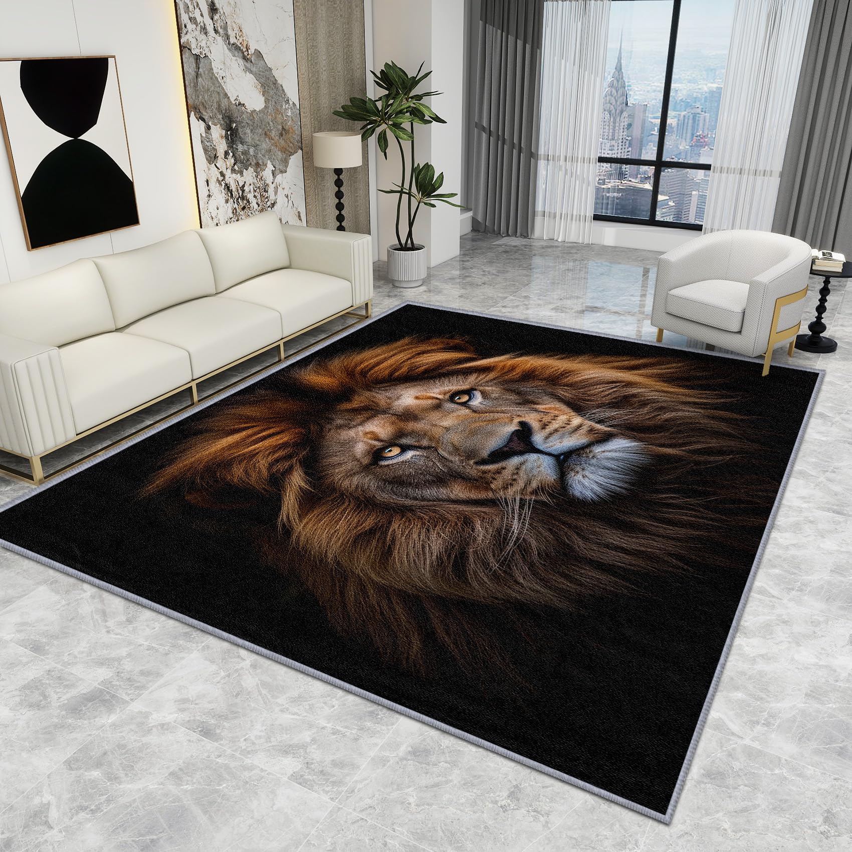 Lion Head Rug - Lion Rug - Wild Animal Rugs, Wild Animal Carpet, Washable Rug Non Slip Low Pile Soft Large Area Rugs, Lion Home Decor Gifts, 100 X 100 cm
