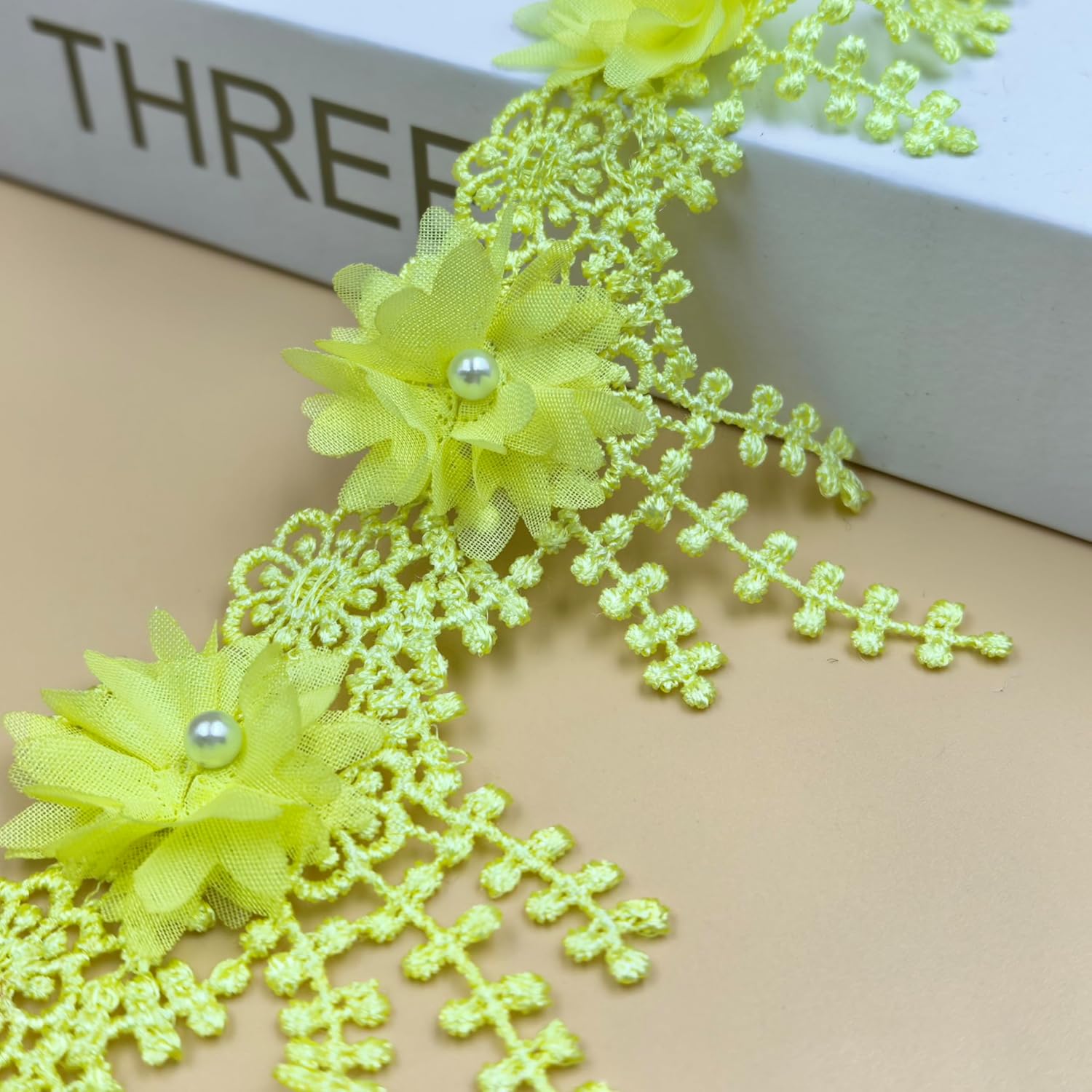 2 Yards Flower Pearl Beads Lace Edge Trim 3-1/2" Width Vintage Style Pearl Applique Flower Trim for Wedding Bridal Dress Clothes Costume Hat Decoration (Pink)