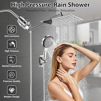 10 Shower Head with Handheld, Rain Shower Head with Filter Combe Set