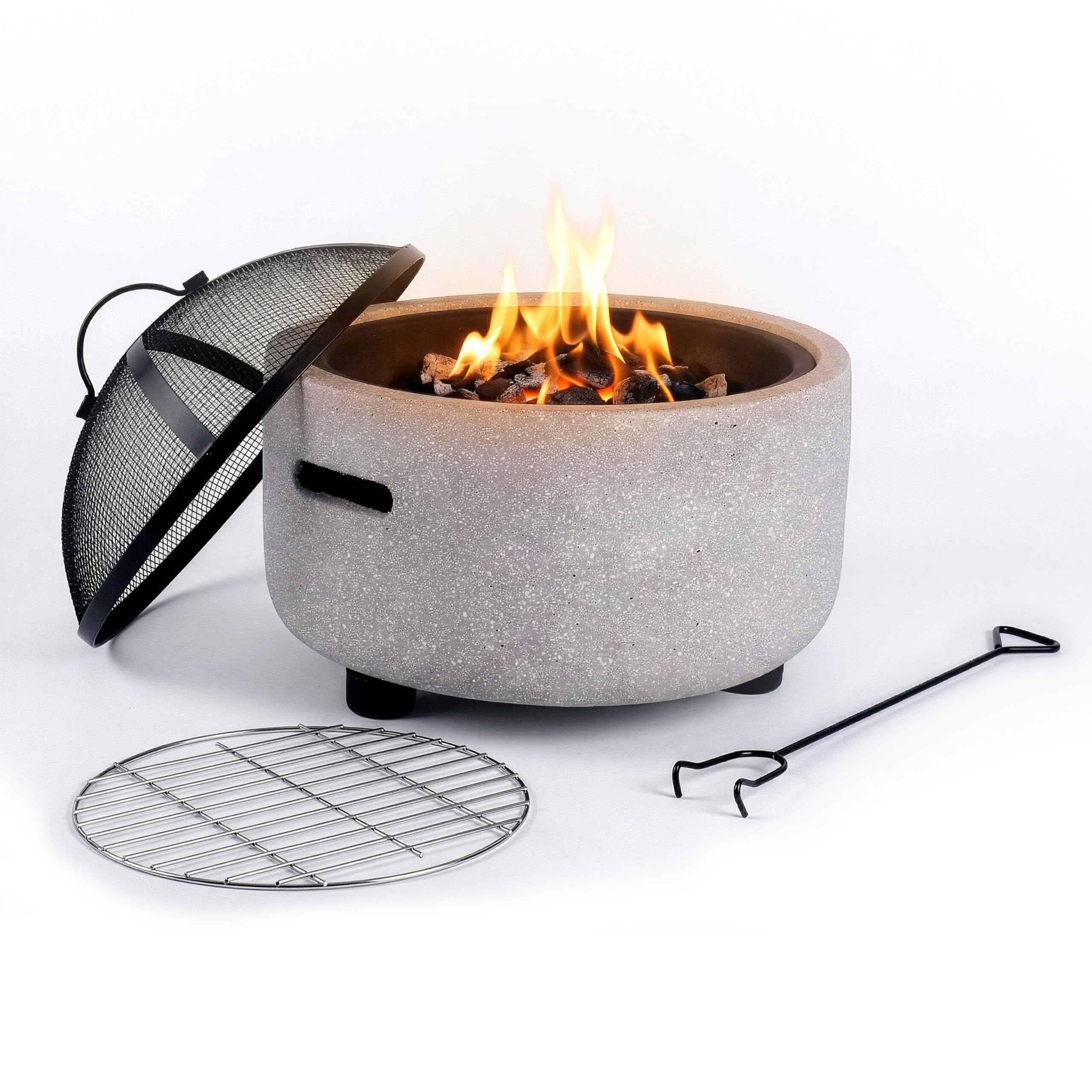 Relaxdays Feuerschale, Ø Schale 44 cm, Funkenschutz, grau/schwarz | Schürhaken, Steinoptik, Stahl, Feuerstelle Garten