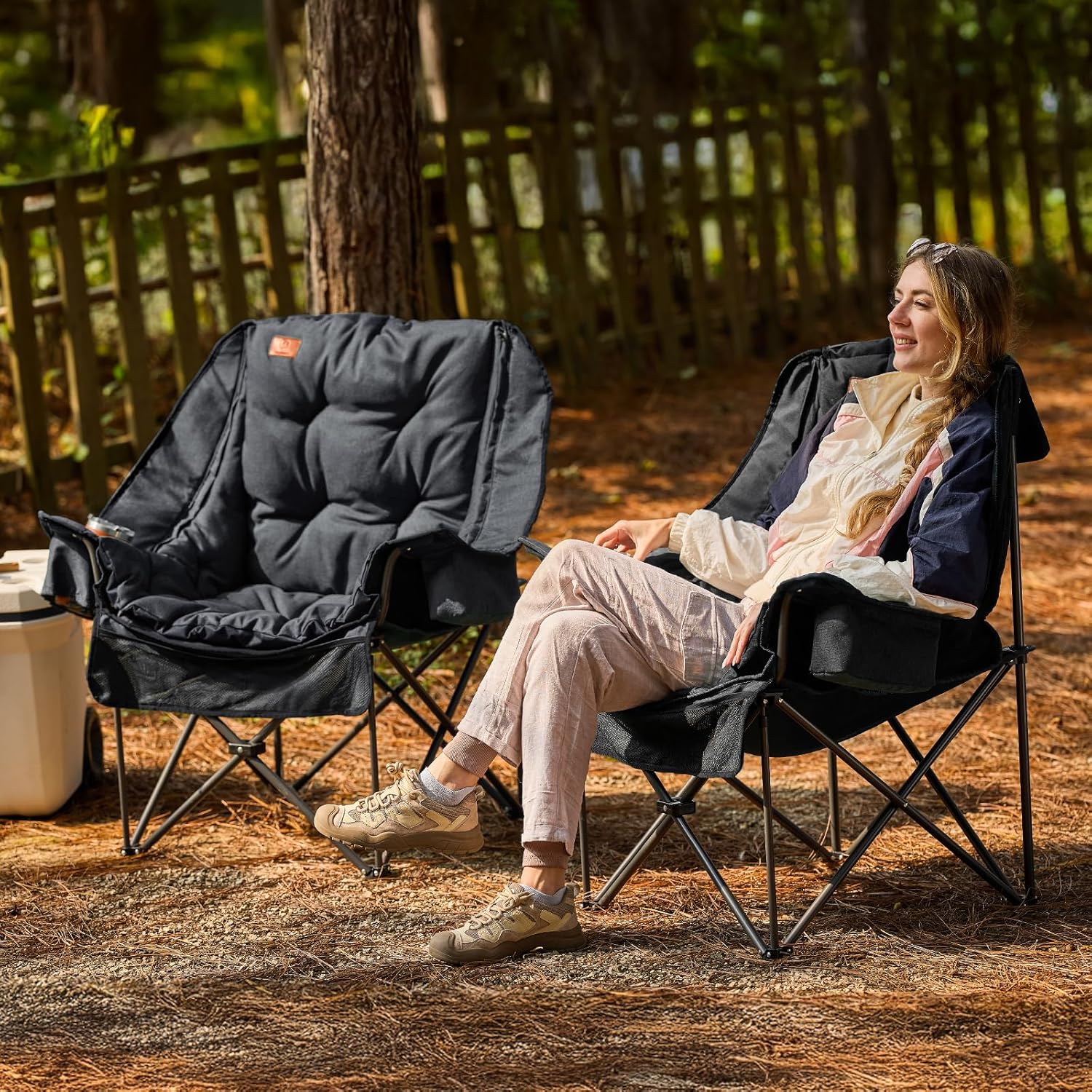 EVER ADVANCED XL Camping Chair with Detachable Cushion, Mesh Chair for Adults Foldable, Oversized Heavy Duty Folding Chair with Cooler Mesh Pocket Cupholder Outdoor Fishing, Supports 400LBS Black