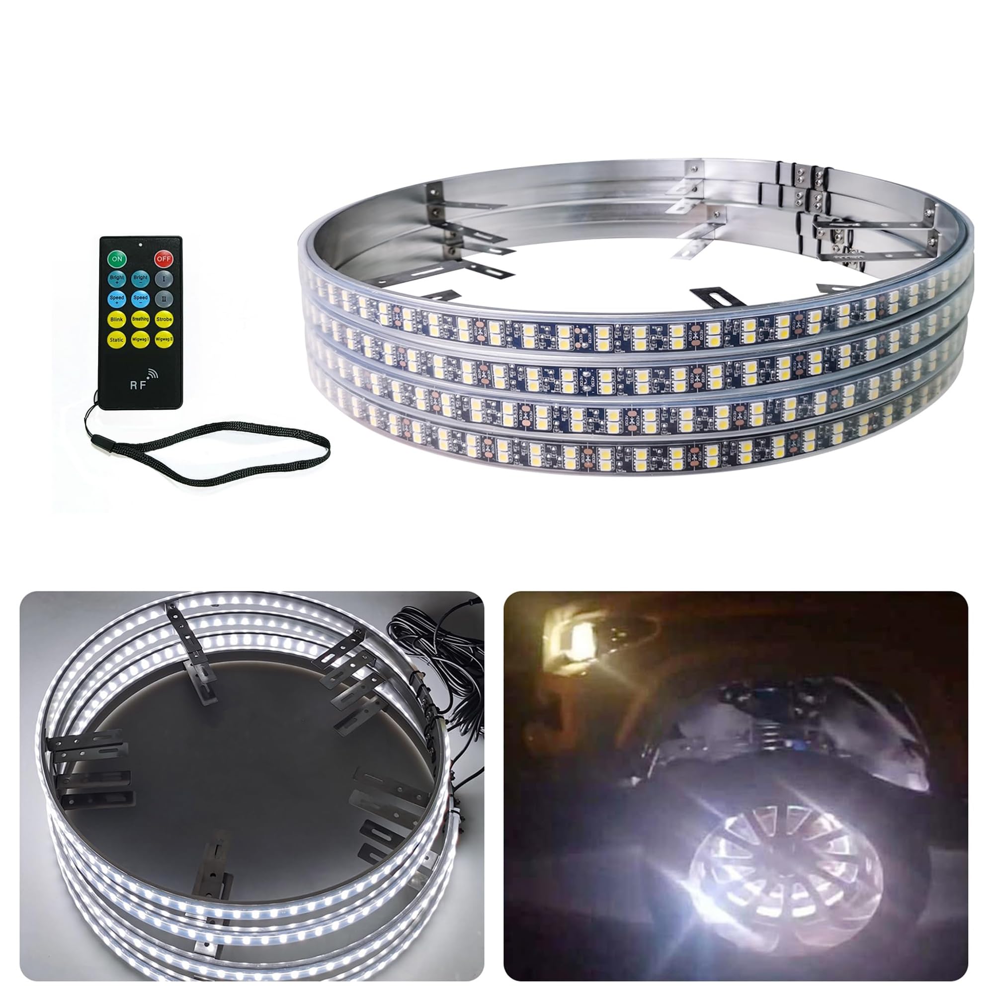 17in Pure White Auto LED Wheel Ring Lights Double Row Car Rim Lights Super Bright Waterproof Tire Light Kit with APP RF Remote Control for Cars Trucks