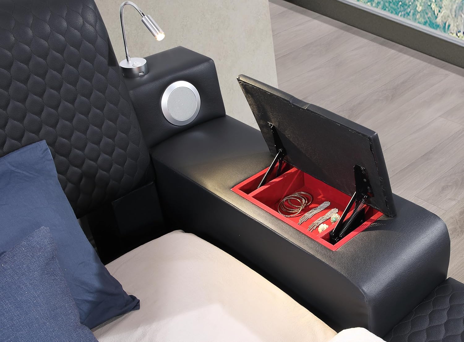 Queen Size Smart Bed, Multifunctional Leather Bed Frame with Massage Recliner/Upholstered Headboard/Music Speaker/USB Port/Storage Space, Modern Luxury Bed Frame(Black)