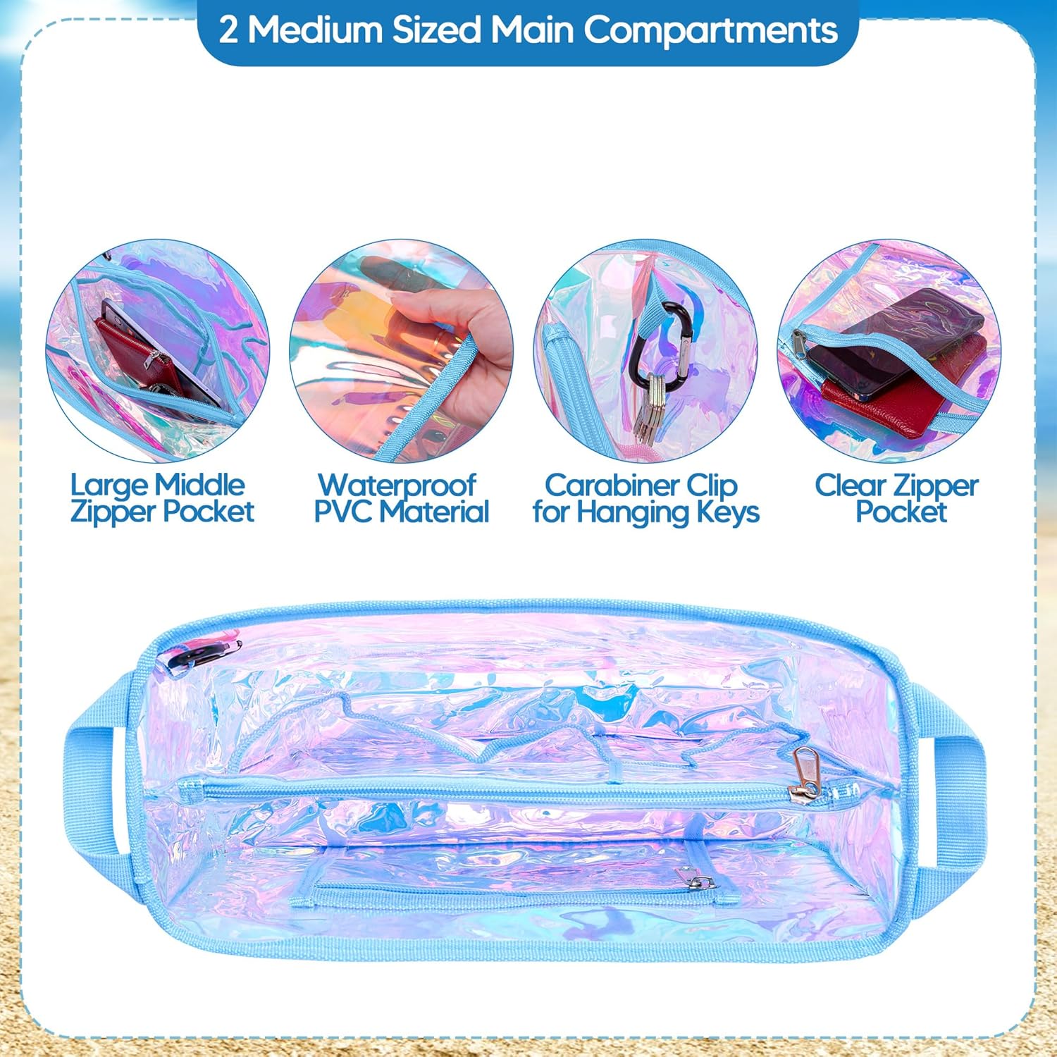 Rexmica Iridescent Beach Bag Organizer Insert (12.4in x 10.2in x 4.3in) Compatible with Bogg Bag(15in x 13in x 5.25in), Beach Bag Insert Divider Pouch Waterproof Liner, Blue