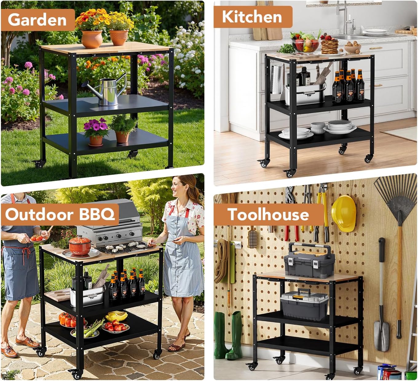 Outdoor Grill Cart, Pizza Oven Table with Hooks and Side Handle, Double-Shelf Dining, Movable Stainless Steel Kitchen Cooking Prep Table BBQ Cart for Home Party, Bar, Camping