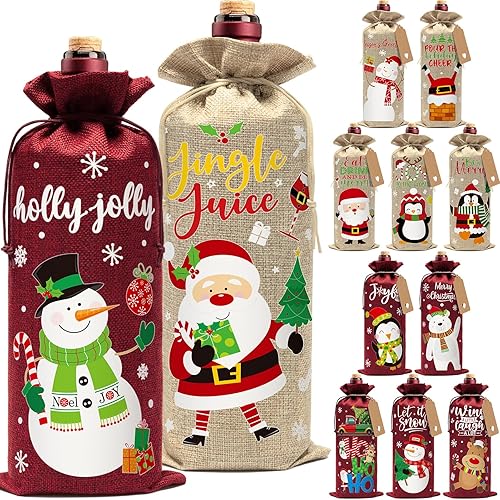 12 bolsas de vino de arpillera, bolsas de regalo de vino de Navidad para botellas de vino, bolsas de botellas de vino de Navidad con cordón, bolsas