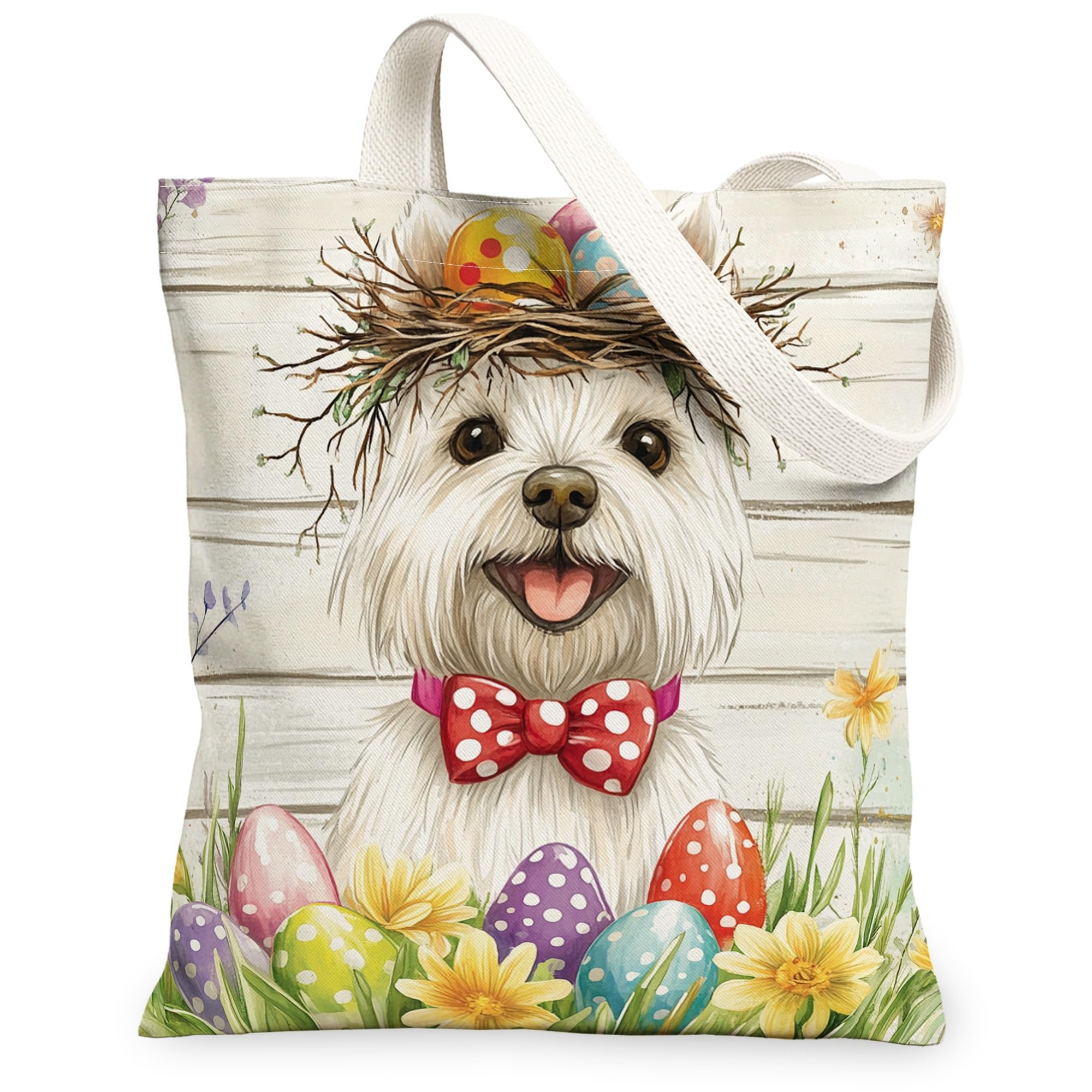 Spring Easter Westie Dog Canvas Tote Bag for Shopping 13 * 15 Inch, Rustic Country Puppy Reusable Grocery Bag for Women, Farmhouse Aesthetic Pattern Gift Decor