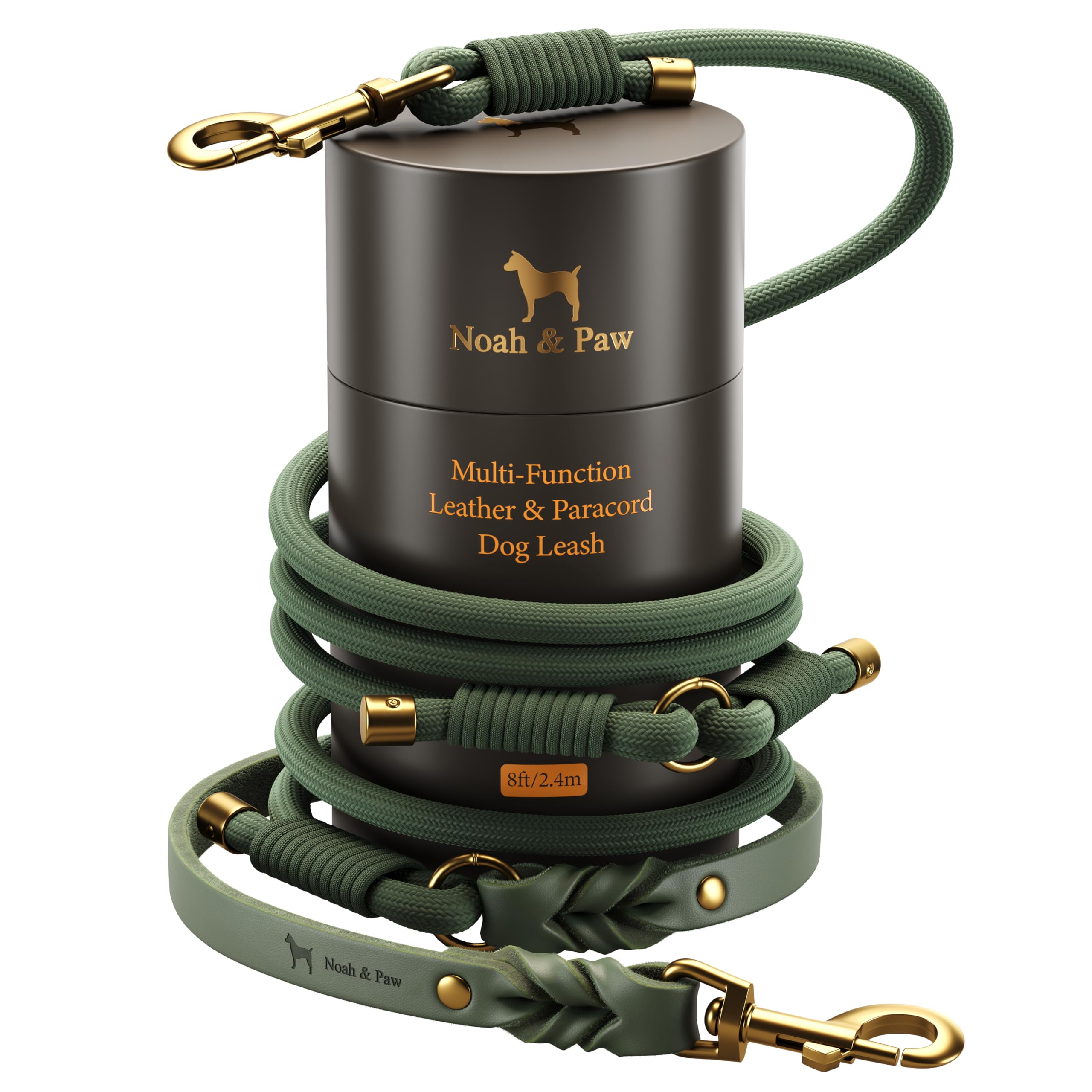 NOAH & PAW Hands Free Dog Leash, Oil-Waxed Leather & Heavy-Duty Paracord, 8 ft, Long Dog Leash with 6 Ways to Use (Ideal for Cats, Small, Medium & Large Dogs) Matching Collar Available. (Dark Green)