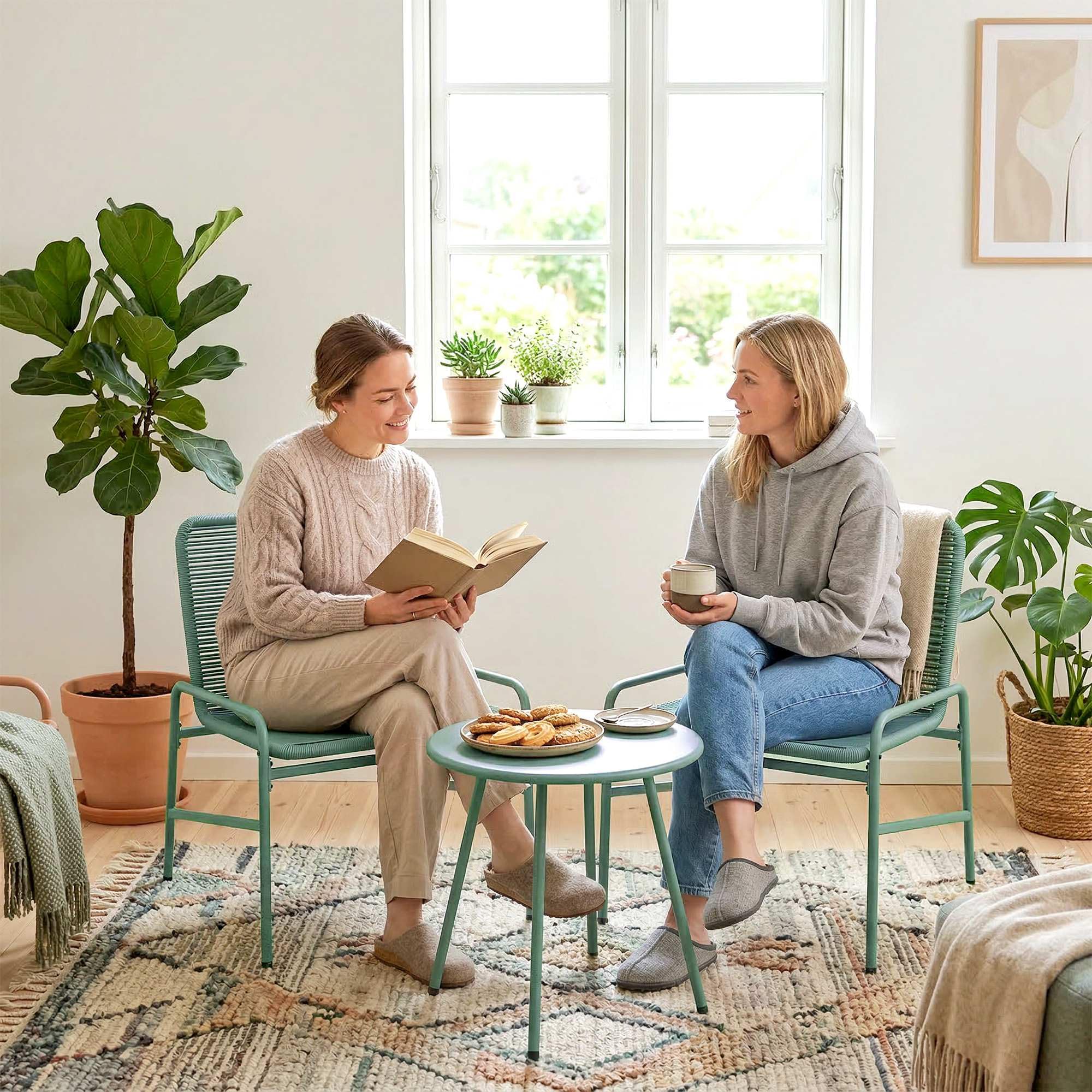Outsunny Salon de Jardin Extérieur 3 Pièces en Résine Tressée, Table de Jardin Ronde avec 2 Chaises, Pieds Ajustables, Cadre en Acier Galvanisé, Mobilier de Jardin pour Balcon Terrasse Patio, Vert