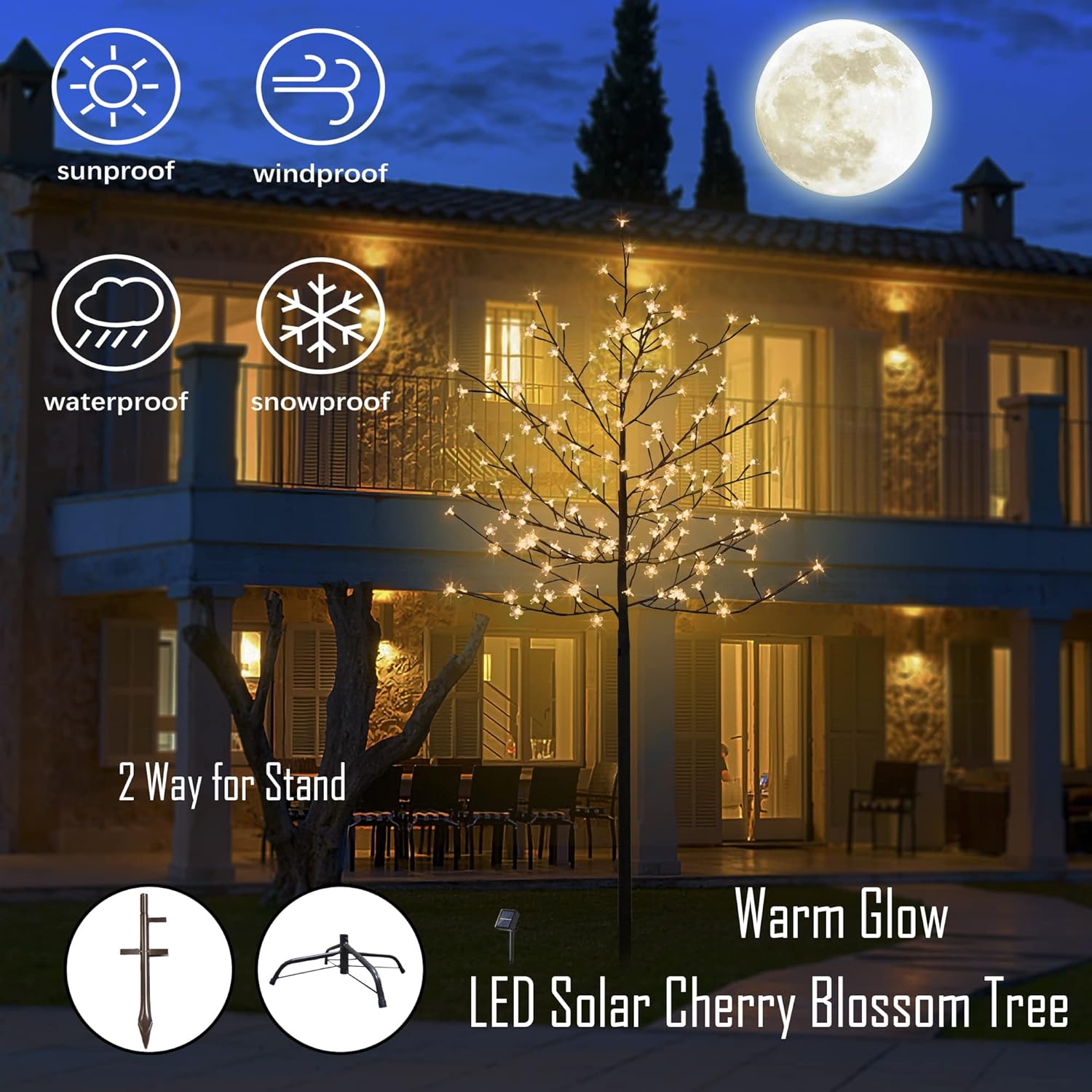 LED Solar Lighted Cherry Blossom Tree,6Ft Light up Cherry Tree Outdoor with 200 Crystal Flower Detachable for Pathway Porch Yard Patio Garden Decor Holiday Decorations Christmas Easter Warm White