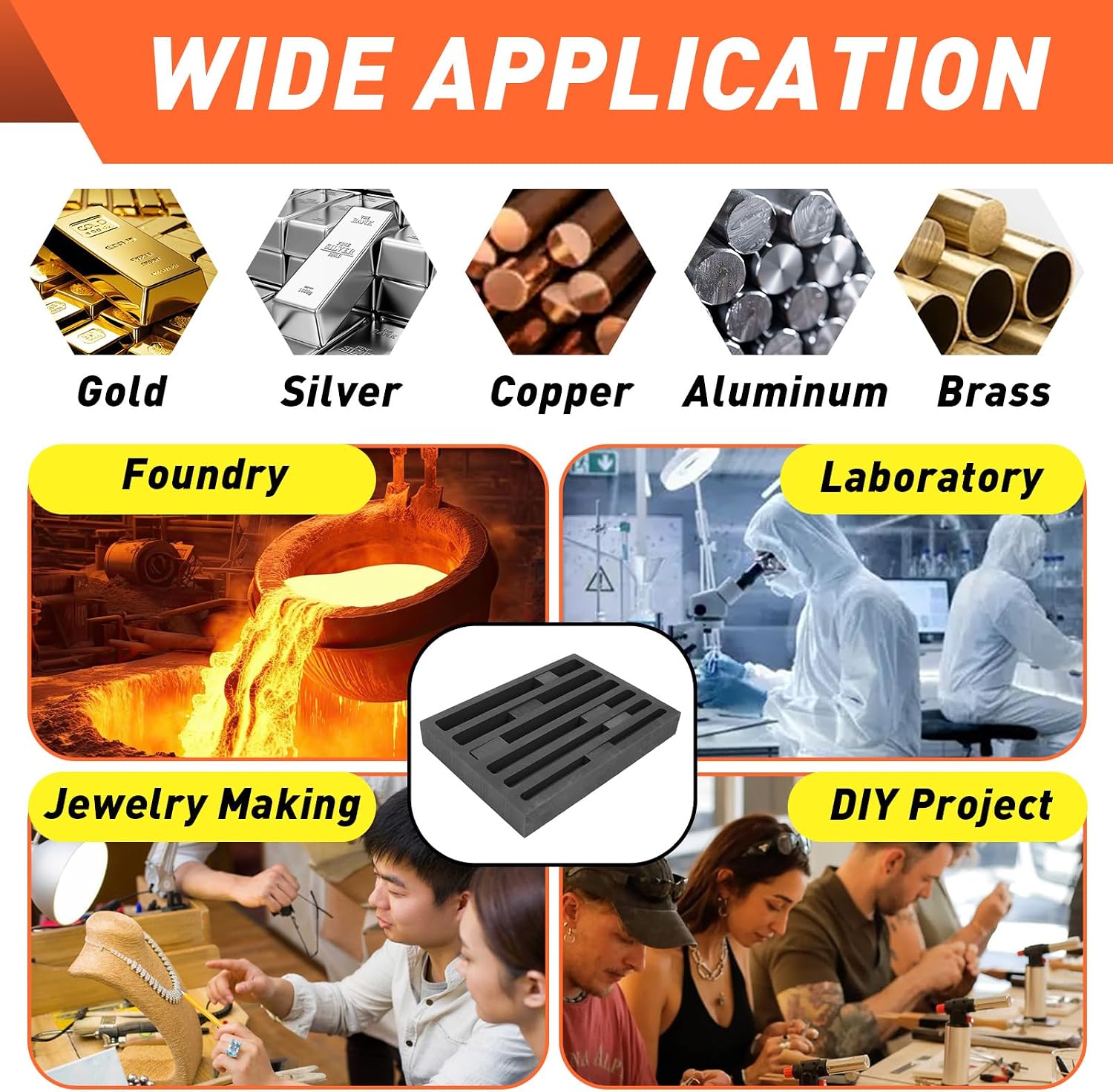 6-in-1 Graphite Ingot Mold, Reusable Graphite Ingot Mold Casting Molds, Long Strip Ingot Mold for Metal Melting, Jewelry Casting, Refining Gold Silver Brass Alumium
