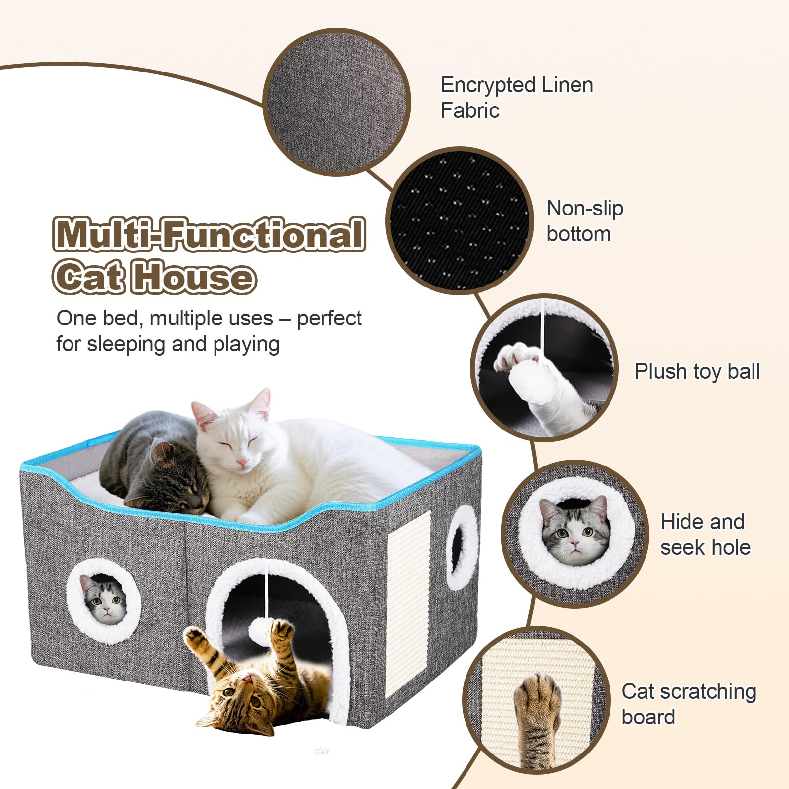 Cat House for Indoor Cats – Foldable Cat Bed Cave with Scratch Pad, Fluffy Ball, and Cat Hole – Durable & No Sagging Cat Condo, Cat Hideaway for Multiple Kittens