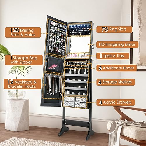 Miniatura 3 de GOFLAME Gabinete de joyería independiente organizador de armario de joyería con cerradura con espejo sin marco de longitud completa cajones