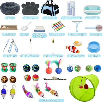 47PCS Kitten Essentials Starter Kit, Ideal for Cats Under 6 Months, Featuring 21-Piece Toy Set, Bed, Carrier, Litter Box, Bowls & More, Perfect for New Cat Owners - Blue