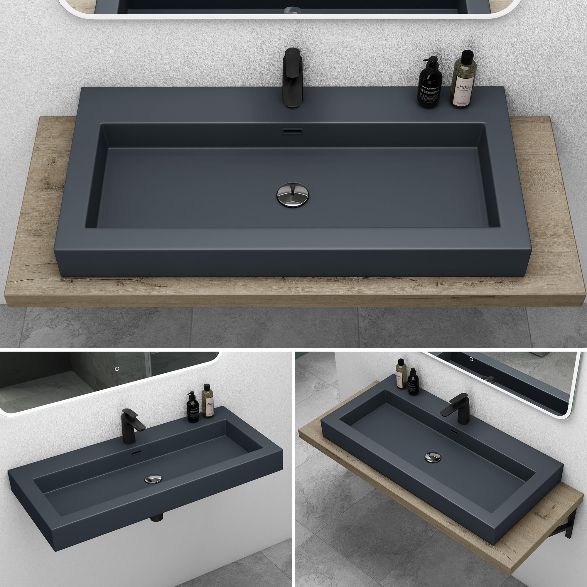 Mai & Mai Lavabo sobre Encimera Baño | Rectangular | Antracita Mate | Mármol Fundido | 60x48x12cm | con Rebosadero y Orificio para Grifo | Colossum18