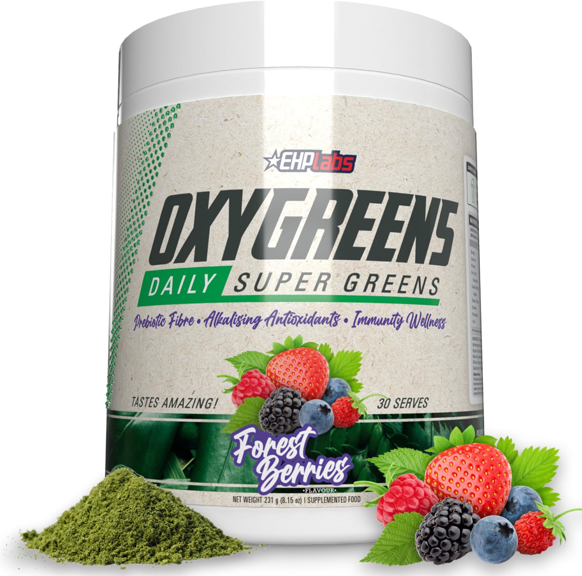 OxyGreens Super Greens Powder โ Daily Greens & Superfood Supplement with Spirulina, Chlorella, Prebiotics, Digestive Enzymes, Antioxidants โ 30 Servings (Forest Berries)
