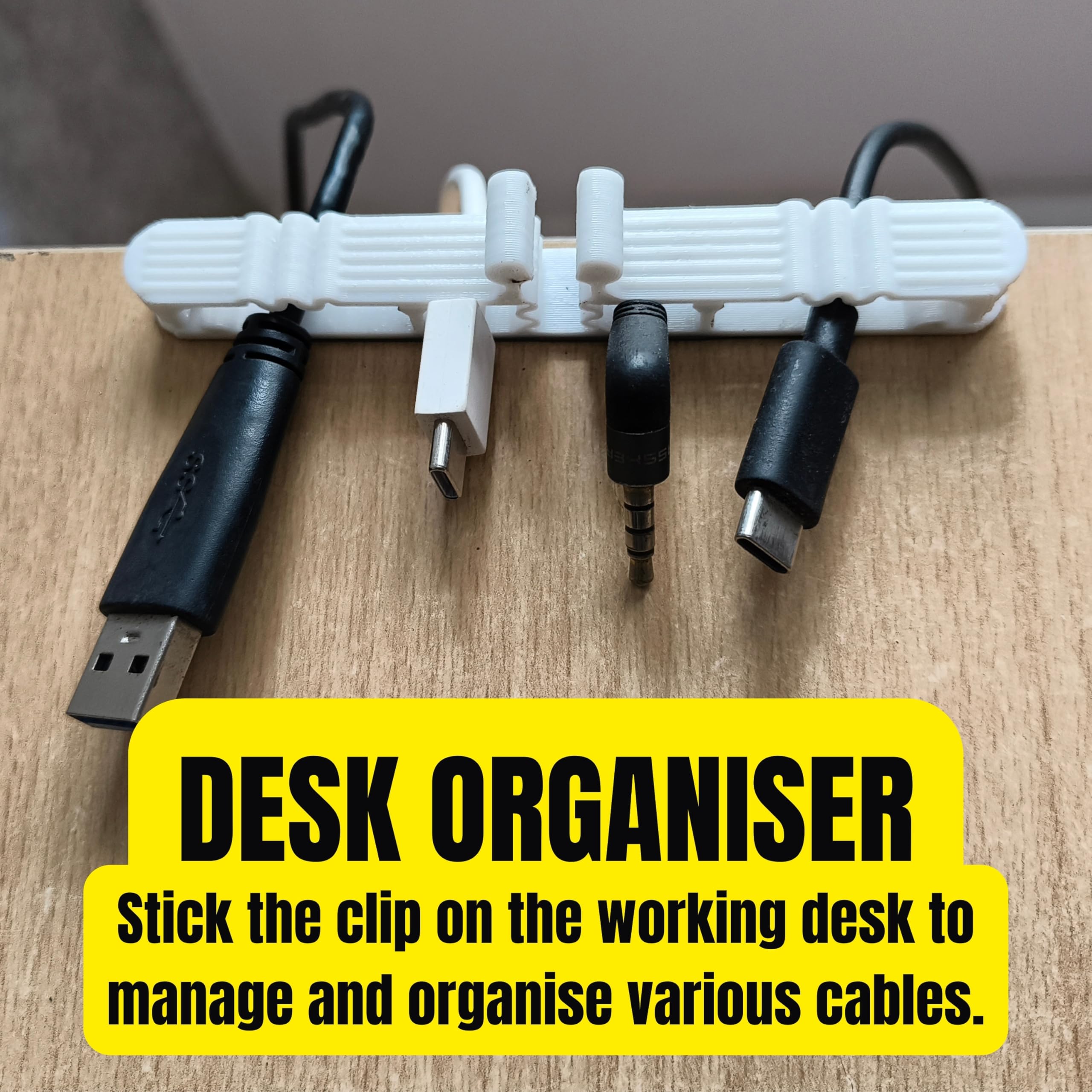 All-in-1 Cable Management Clips with 3M Double Sided Tape | Use it as Desk Wire Organiser, Plug Holder, Wire Winder or Wrapper or Cord Storage Solution (White Universal Clip, 2) 3