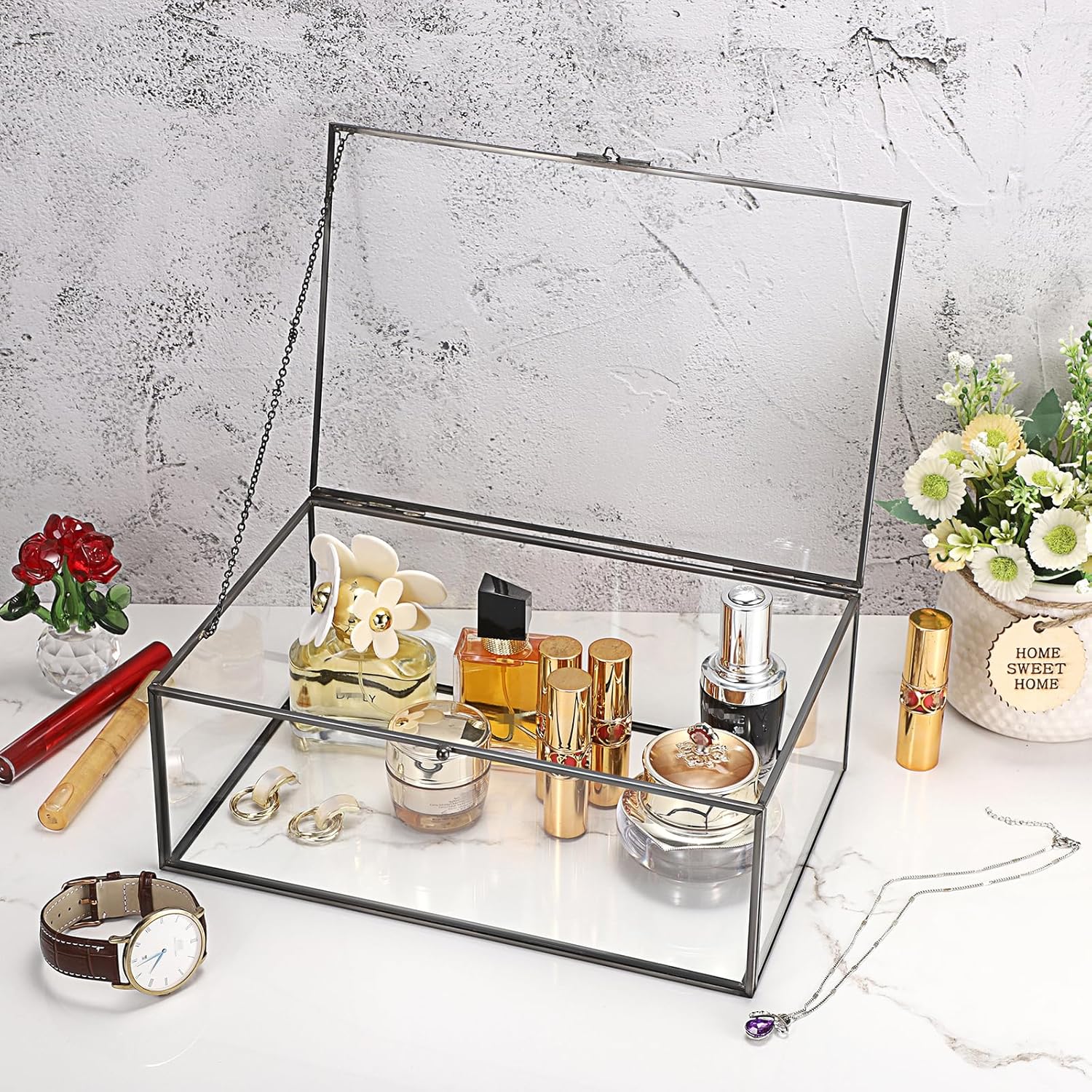 Hipiwe Vintage Glass Box with Lid Jewelry Display Case Vanity Lidded Box image 3