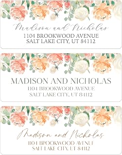 Return Address Labels Personalized with Your Choice of 30 Flower Styles - Choose Font and Font Color or Add Custom Text - Perfect for Wedding Envelopes (026 Peach Flowers)