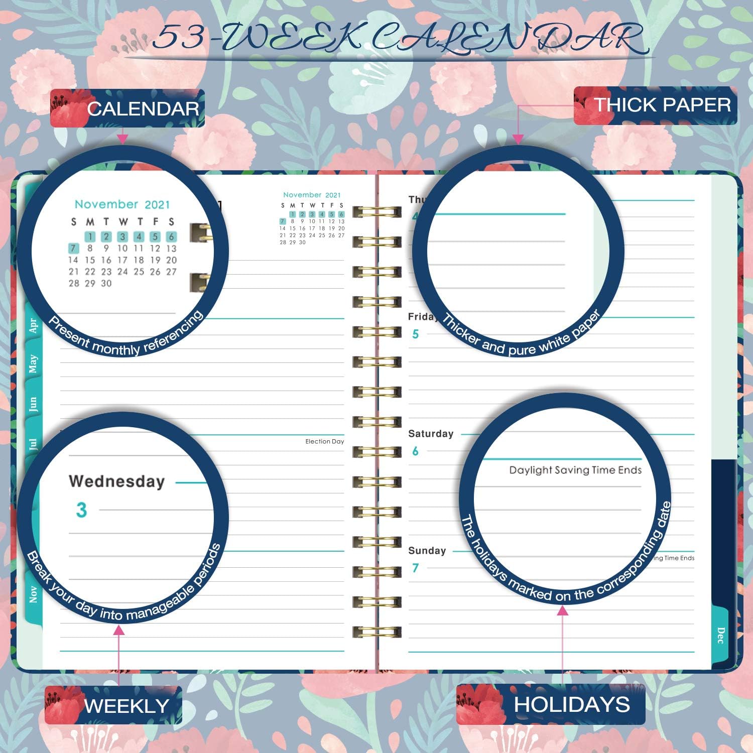 Planner 2021 - Weekly & Monthly Planner with Tabs, 6.3" x 8.4", Hardcover with Thick Paper + Back Pocket + Banded, Twin-Wire Binding - Navy Floral