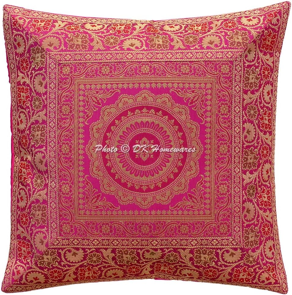 Boho Decorative Accent Throw Pillow Covers 16 x 16 Inch Brocade Jacquard Mandala Ethnic Square Sofa Cushion Covers (Size - 40x40 cm ; Color: Magenta & Gold) - Set of 4 Pcs (Cover Only)