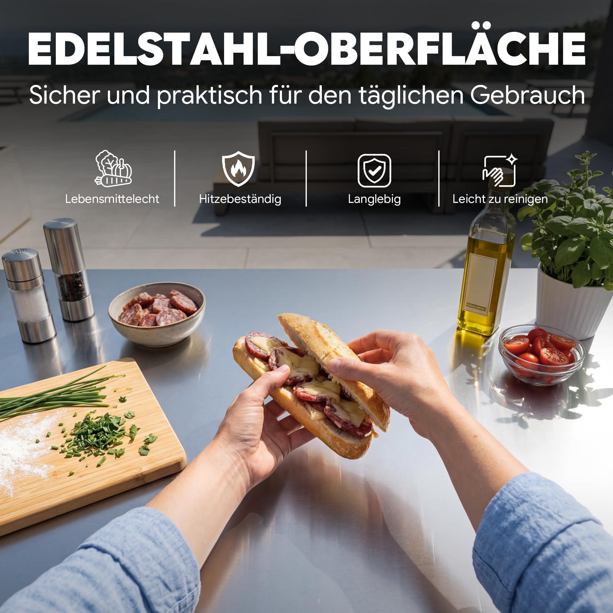 Grillwagen Outdoor Grilltisch Outdoor wetterfest Pizzatisch Servierwagen | 87,5x41x84cm mobile outdoor-Küche mit Edelstahlplatte, höhenverstellbarer Mittelregal, für Terrasse, Küche