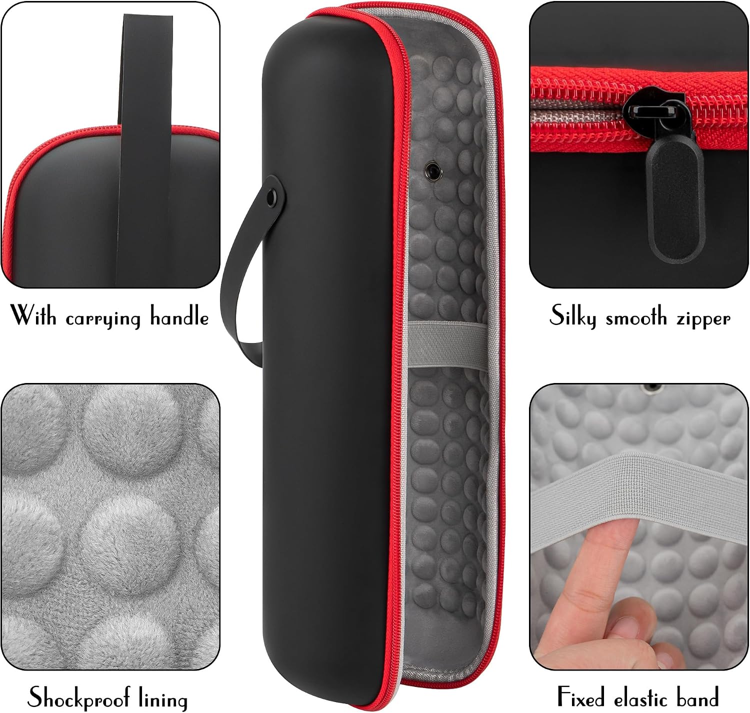 EVA Hard Shell Single Wine Bottle Travel Case, PU Carrying Bag with Handle, Shock-Absorbing Lining, Fits Most 750 ml Bottles, Black with Red Zipper, 1 Pack