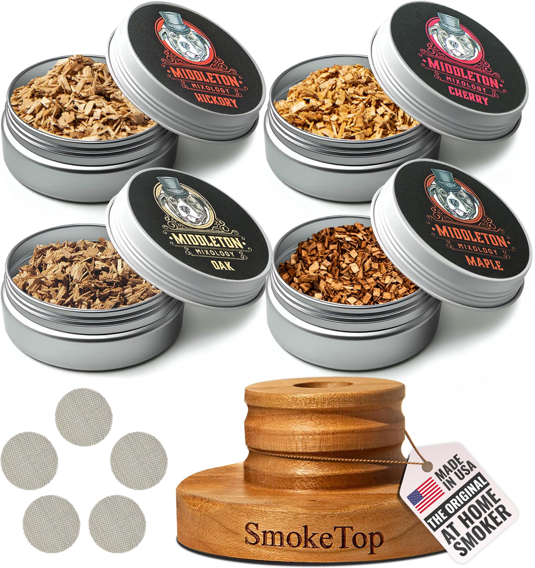 Smoketop - Cocktail Smoker Kit And 4 Pack Of Cherry, Hickory, Maple, & Oak Wood Chips - Cocktail Smoker Kit & Chips For Old Fashioned Cocktails, Whiskey, & Bourbon