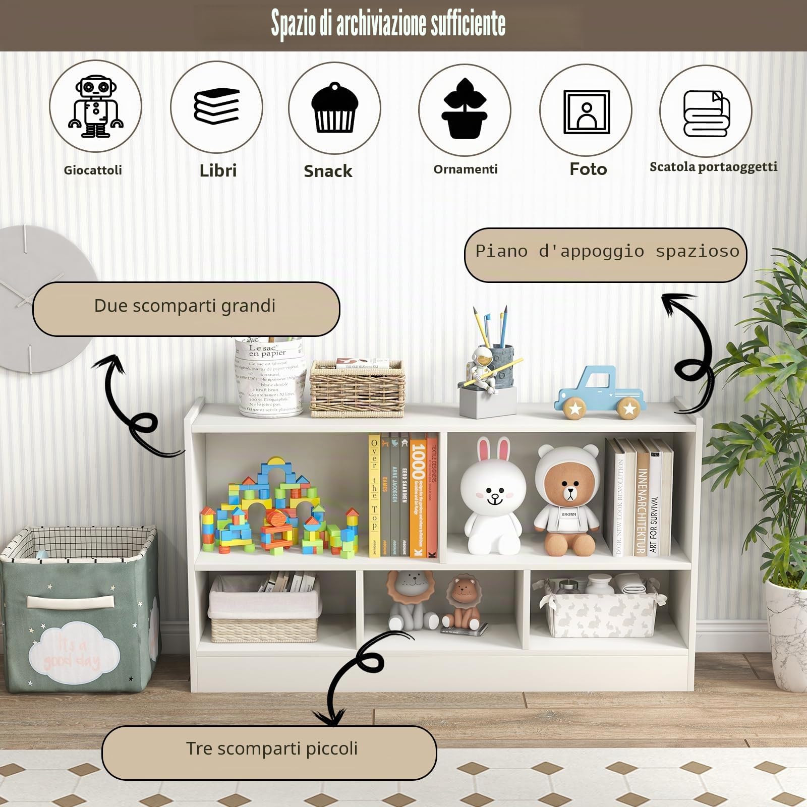 KOMFOTTEU Libreria Aperta, 5 Armadietti di 2 diverse dimensioni, mobile portaoggetti in legno con gambe antiscivolo, per libri e giocattoli, 111 x 30 x 61,5 cm (Bianco)