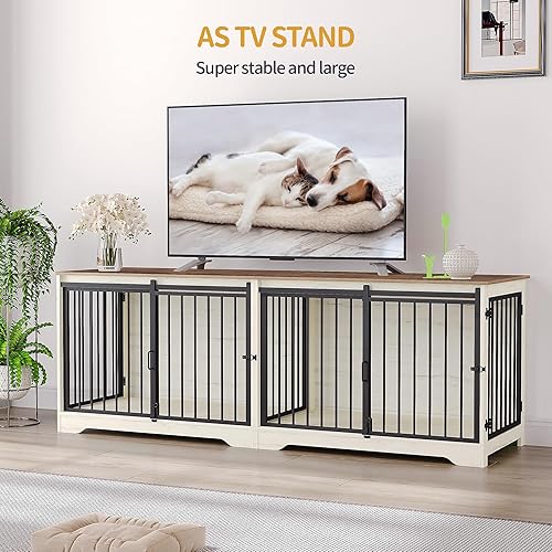 Miniatura 16 de Jaula para perros de 78 pulgadas para 2 perros, jaula doble para perros con divisor, perrera de madera resistente, jaula para mascotas con puerta