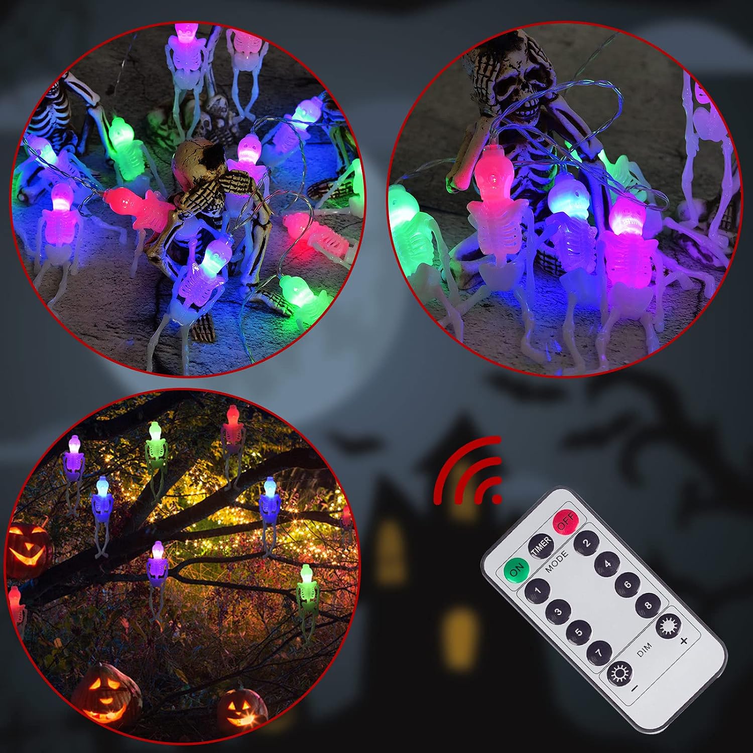 Halloween Skeleton Decoration String Lights 2 Packs of 30 LED Outdoor and Indoor with Remote Control Waterproof Battery Operated, Used in Haunted Houses Party to Create a Halloween Horror Atmosphere