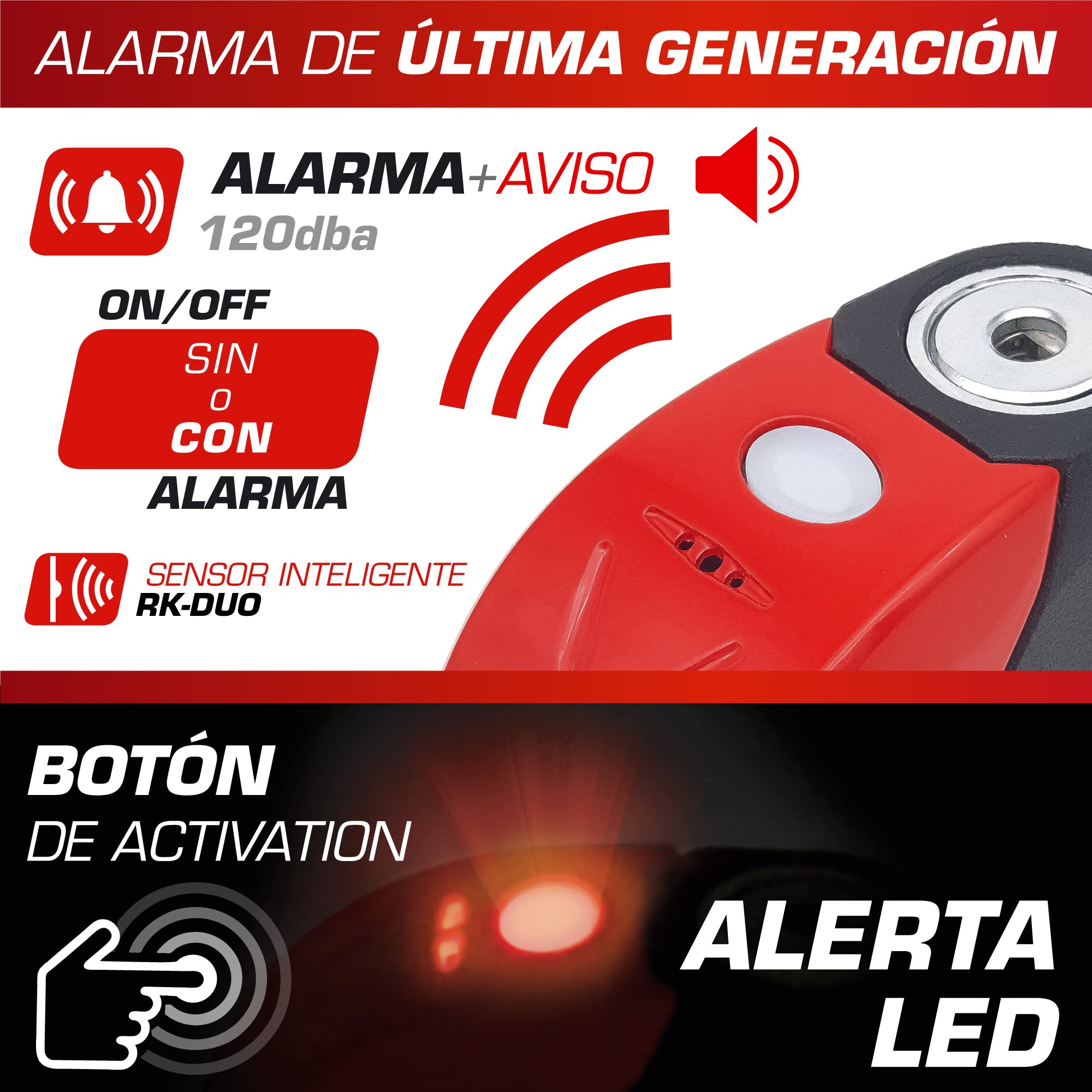 RADIKAL RK9 Candado Moto Disco | Alarma Premium 120db ON/OFF, Warning Pre-Alarma, Alerta LED, Impermeable, Pila Litio | 100% Metal, Antirrobo Pinza Freno, Bloqueo 6mm Universal Scooter Bicicleta