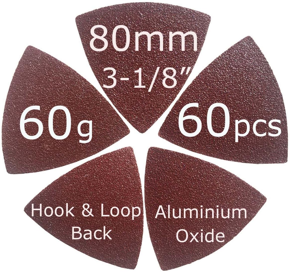 XXGO 3-1/8" 80mm 60 Pcs 60 Grits Triangular Hook & Loop Abrasive Multi Tool Sandpaper for Wood Sanding Fit 3-1/8 Inch Oscillating Multi Tool Sanding Pads XG802060 - - 