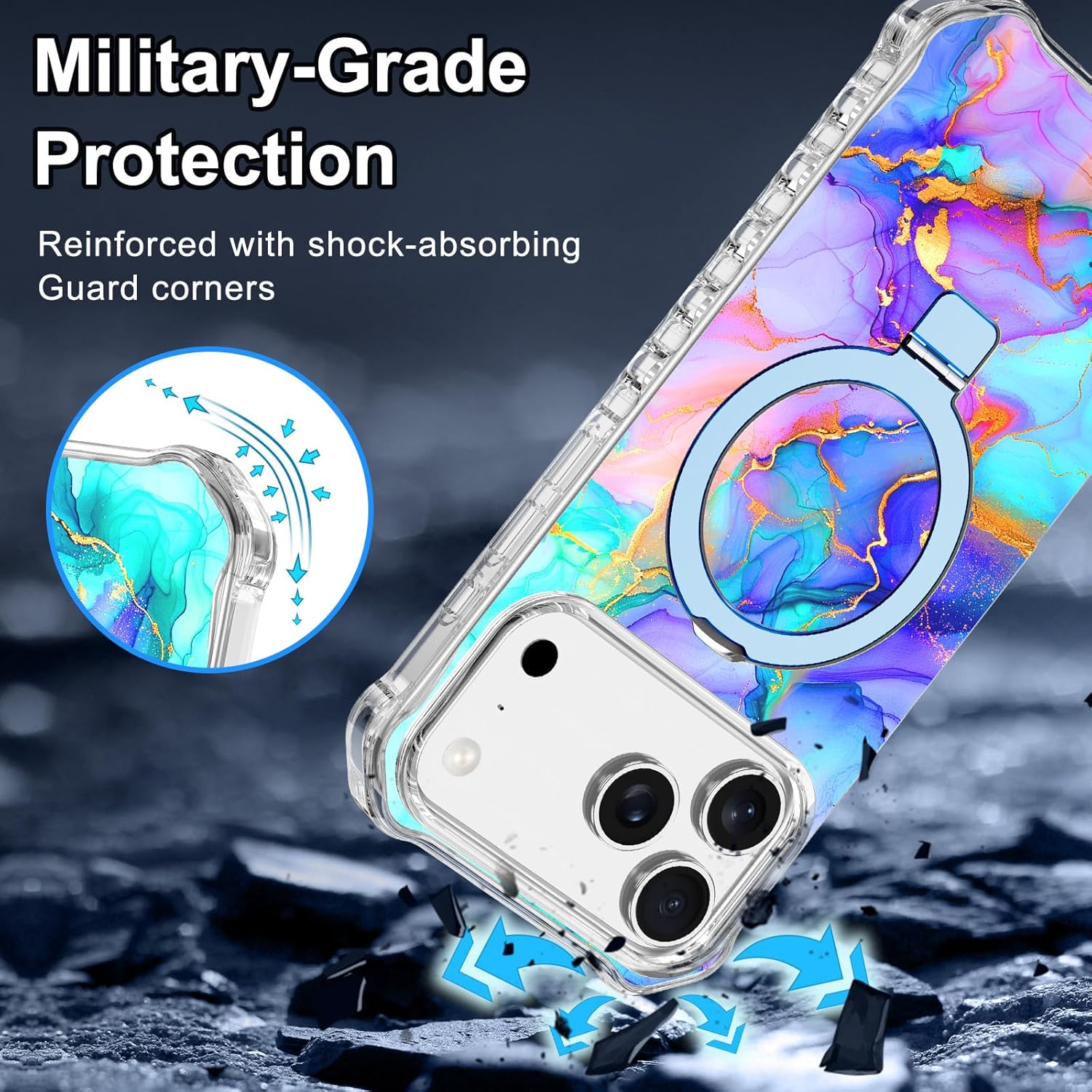 Shecaset for iPhone 17 Pro Case,[Compatible with MagSafe][Invisible Magnetic Ring Stand],Slim Iridescent Wavy Women Girls Case for Apple iPhone 17 Pro 6.3"(2025),All Blue Marble - Image 7