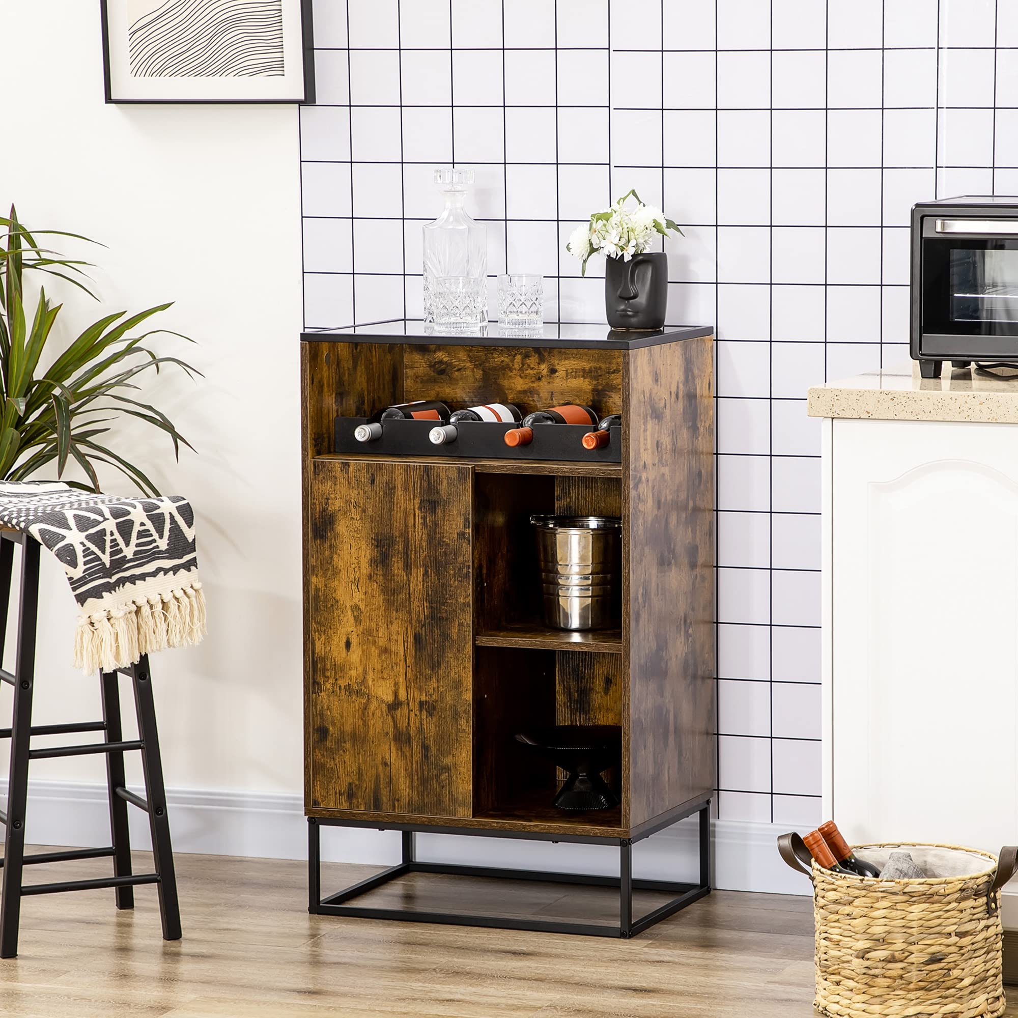 HOMCOM Mobile Multiuso da Salotto con Portabottiglie, Vani Aperti e Armadietto, Mobiletto Porta Vini Stile Industriale, 60x40x100cm, Marrone